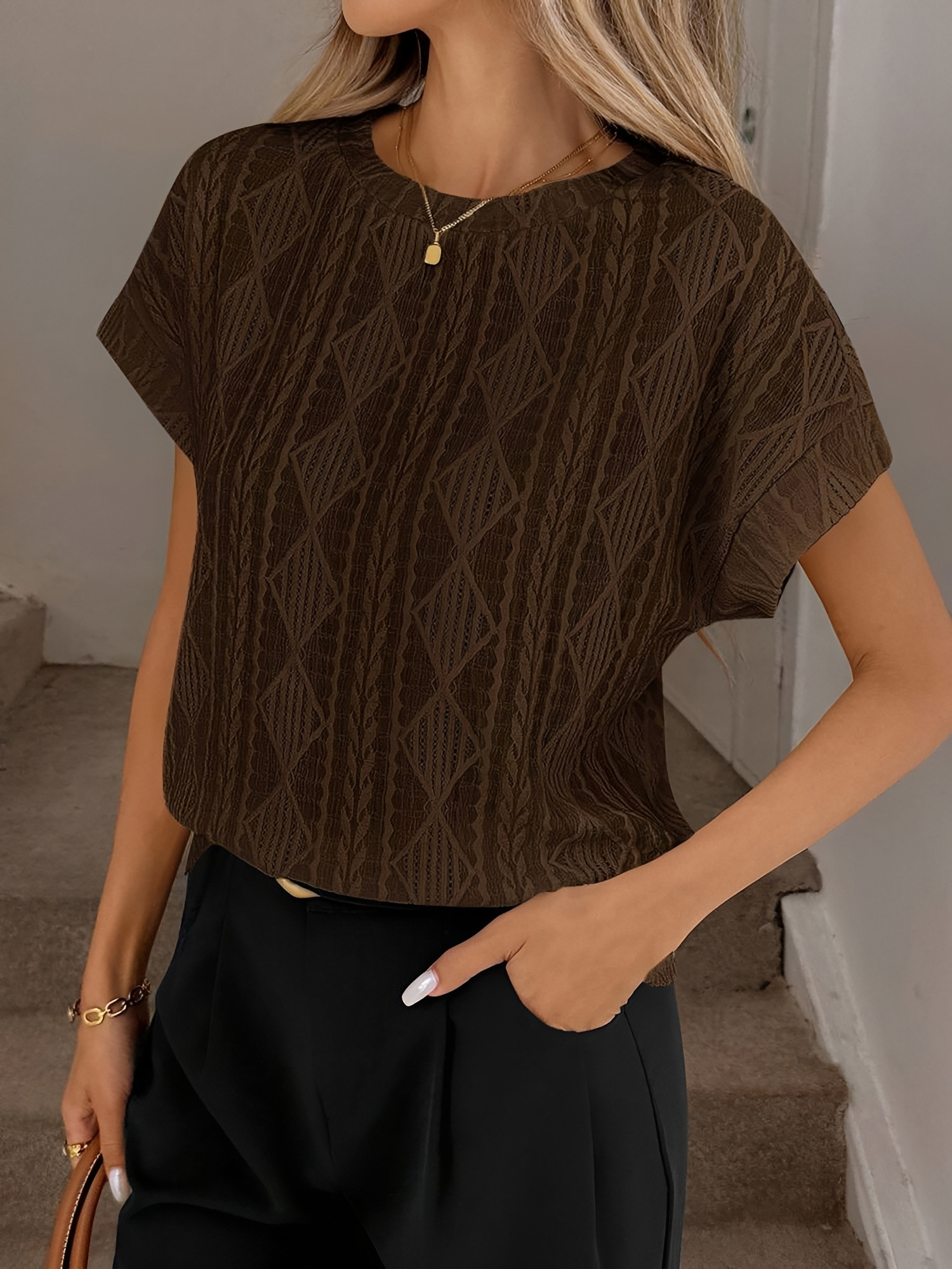 Casual Crew Neck Jacquard Short Sleeve Blouse Coffee/M