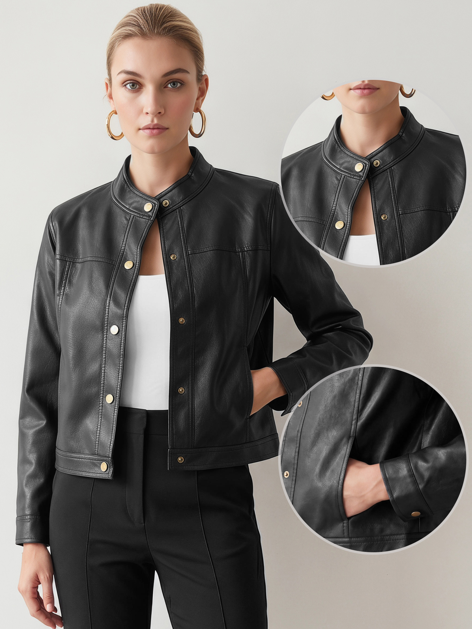 Faux PU Leather Cropped Snap Buttons Moto Biker Jacket Black/L