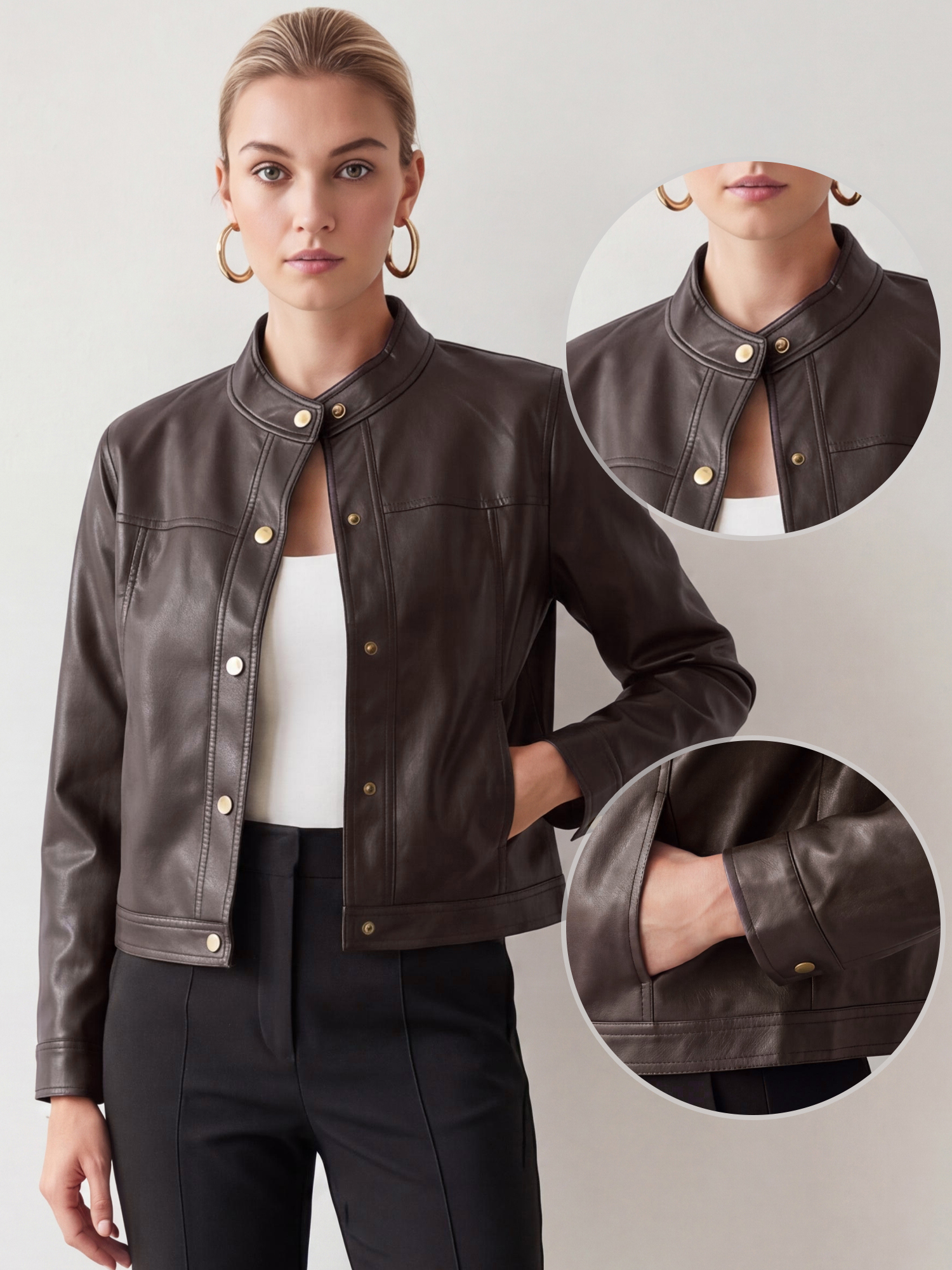 Faux PU Leather Cropped Snap Buttons Moto Biker Jacket Brown/L