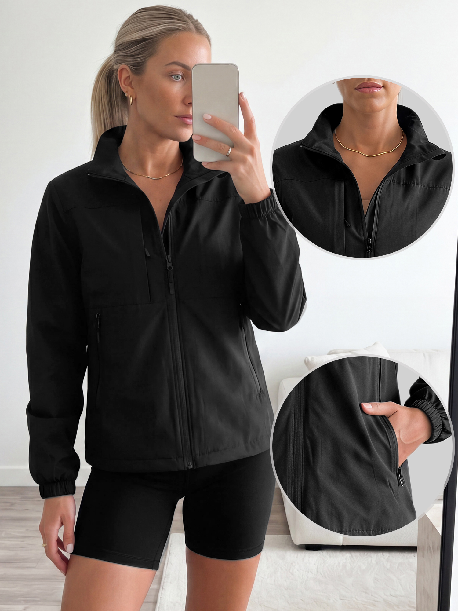 Lightweight Stand Up Collar Cycling Hiking Rain Jacket Black/XL