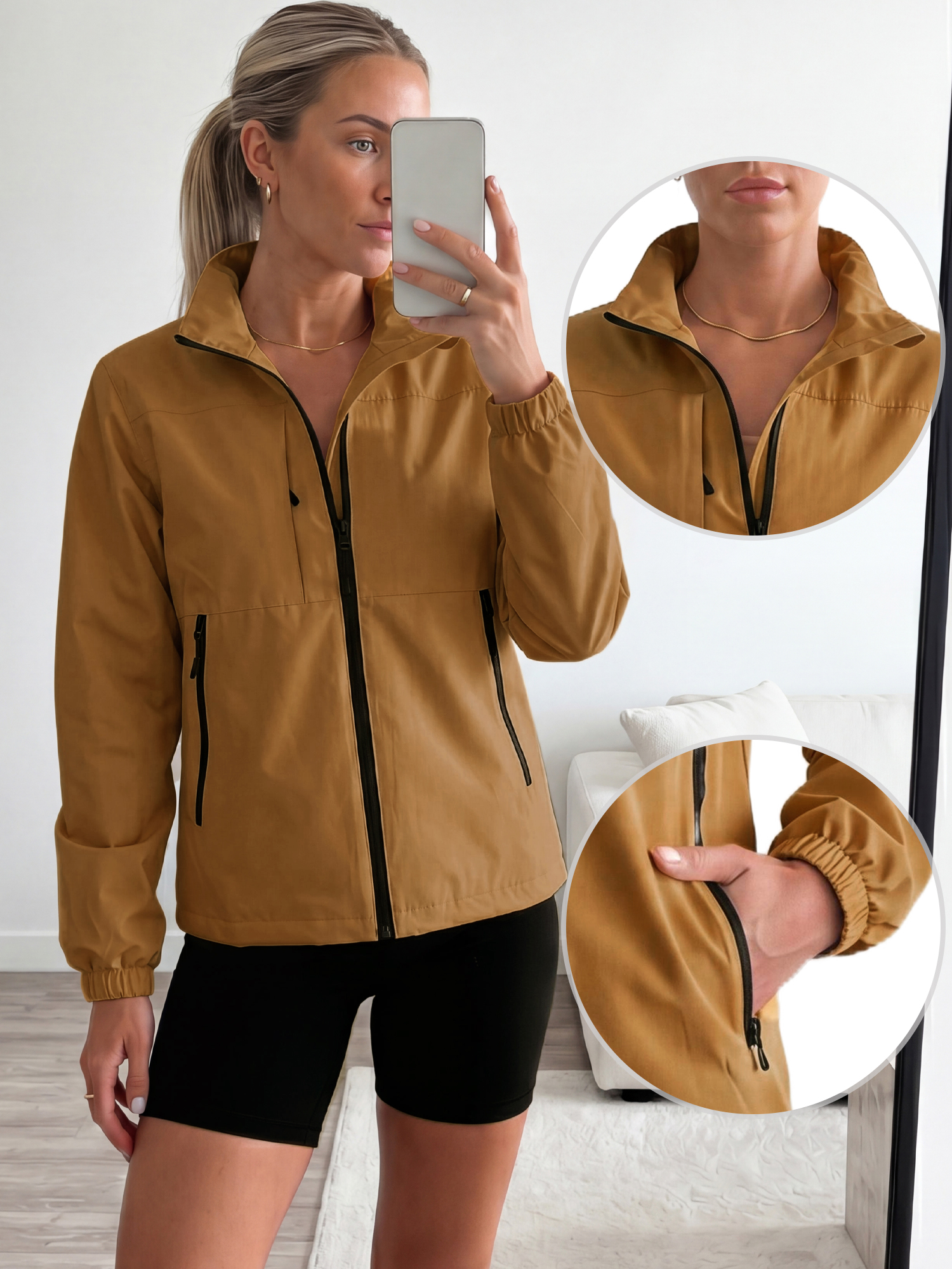 Lightweight Stand Up Collar Cycling Hiking Rain Jacket Desert Yellow/2XL
