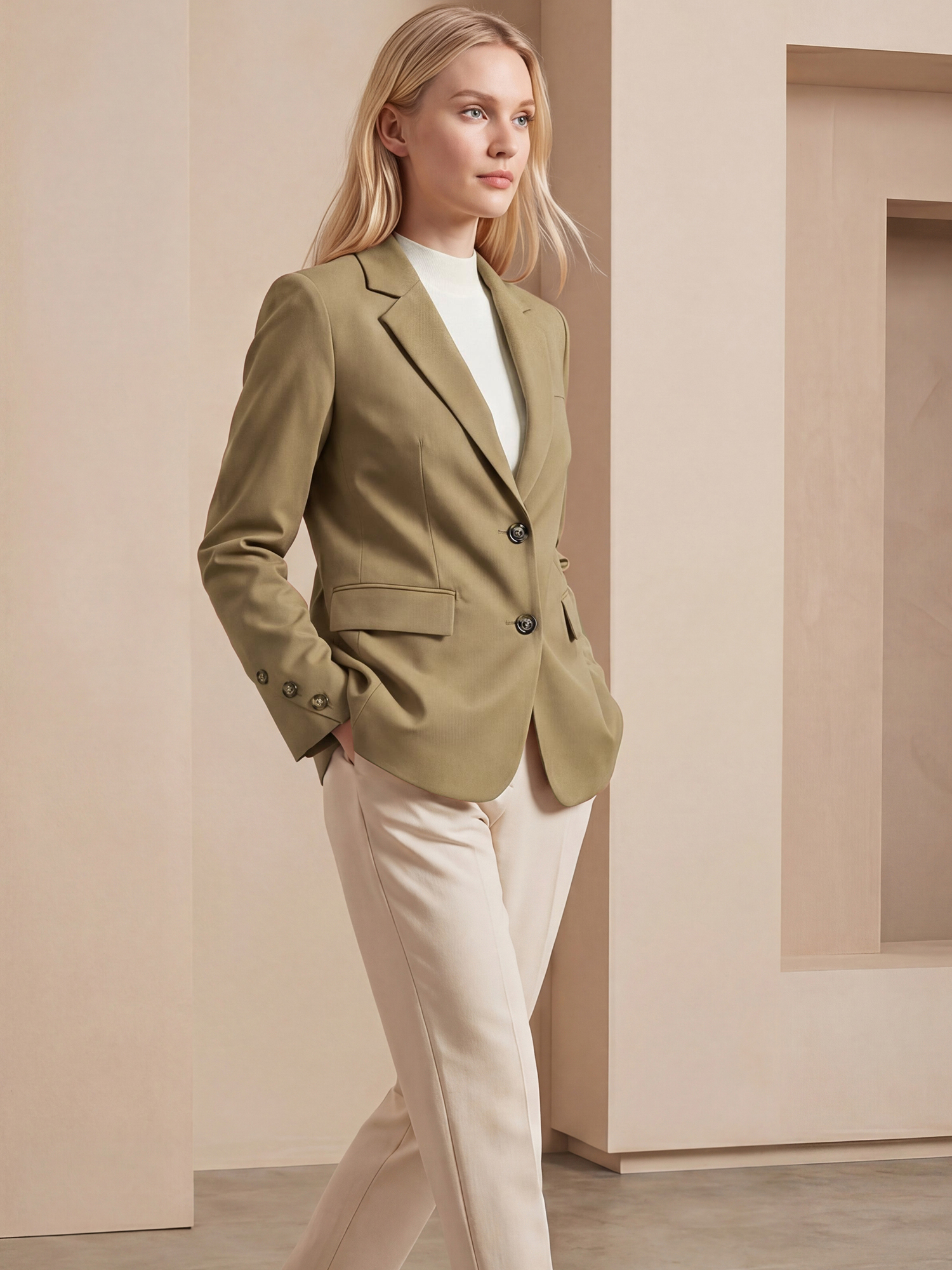 Single Breasted Notched Lapel Cuff with Button Business Blazer Khaki/S