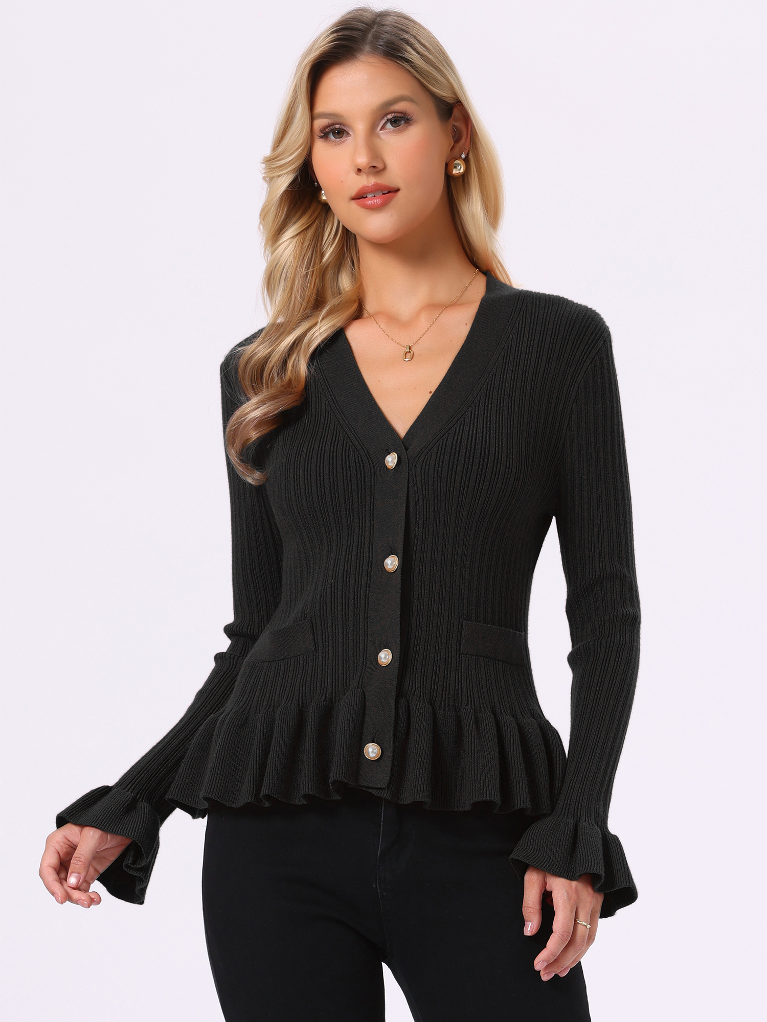 V Neck Ruffle Hem Pleated Button Down Long Sleeve Cardigan Black/XS
