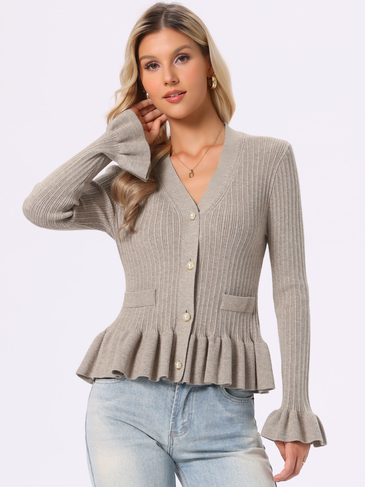 V Neck Ruffle Hem Pleated Button Down Long Sleeve Cardigan Camel/XL
