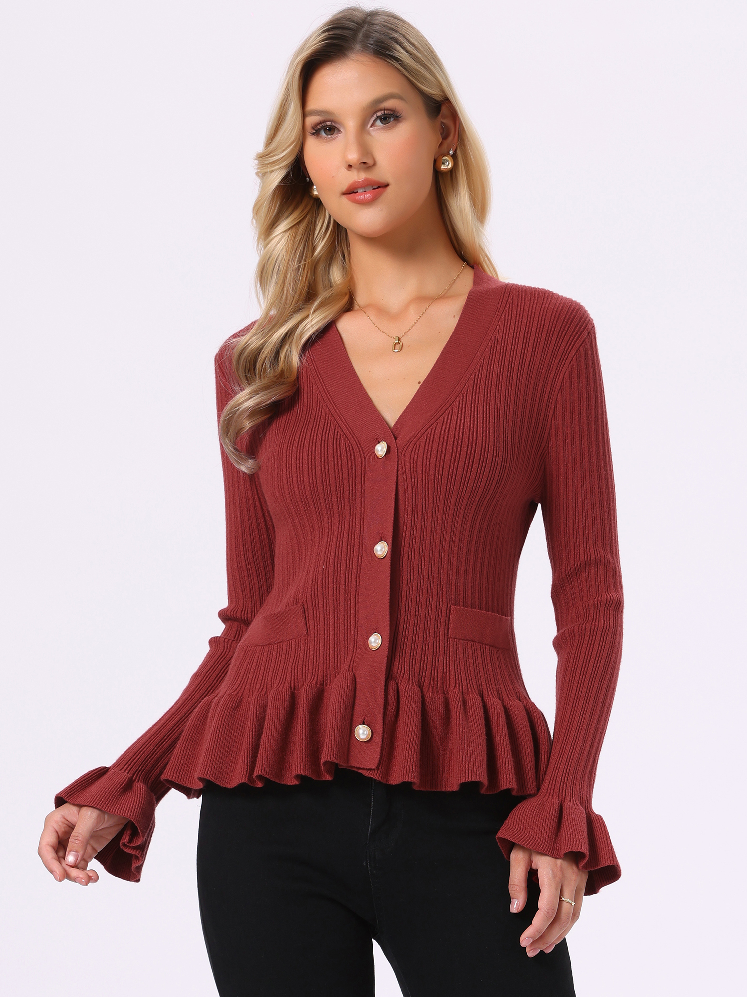 V Neck Ruffle Hem Pleated Button Down Long Sleeve Cardigan Red/XL