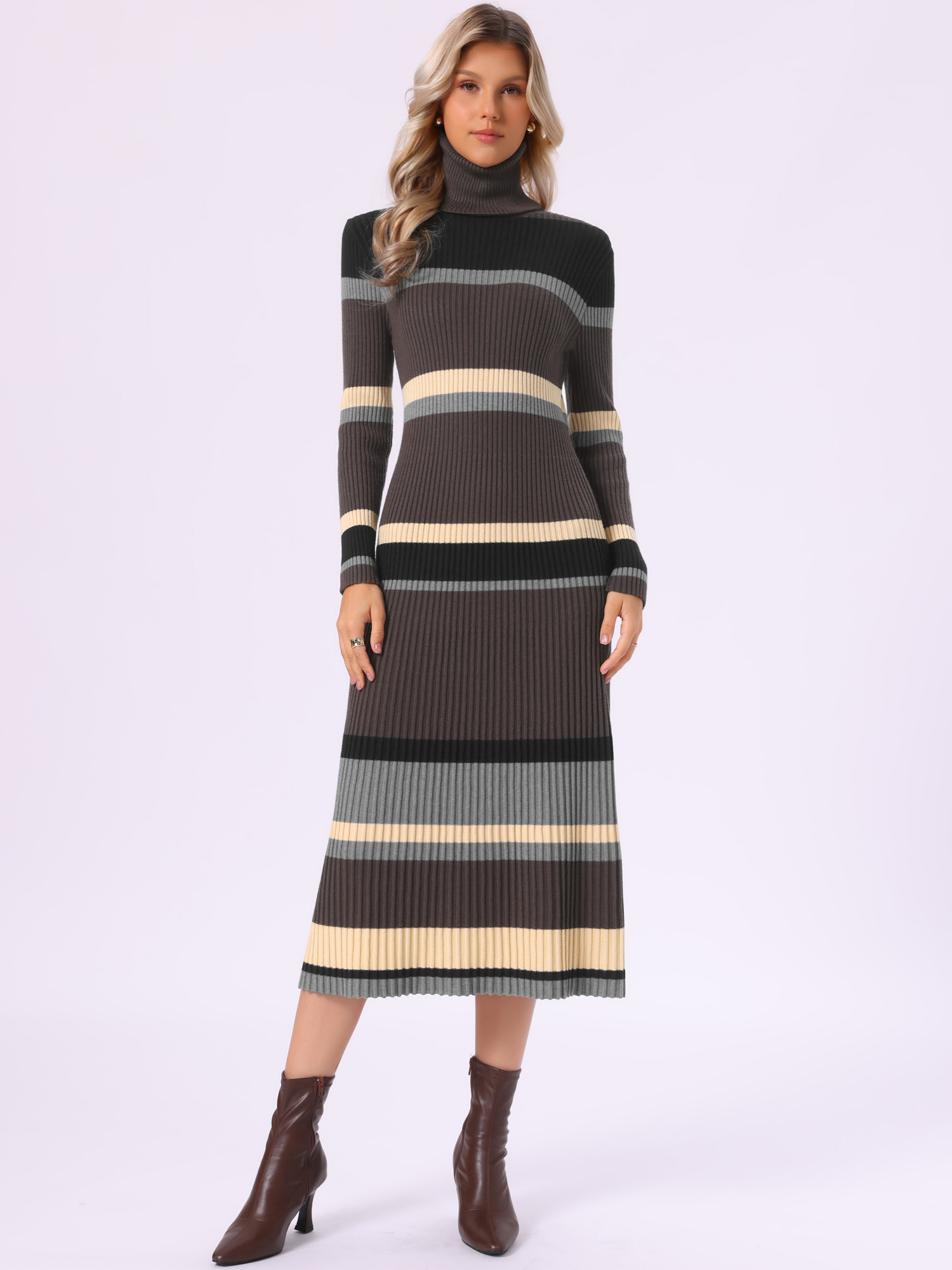 Turtleneck Knit Colorblock Striped Sweater Dress Coffee/L