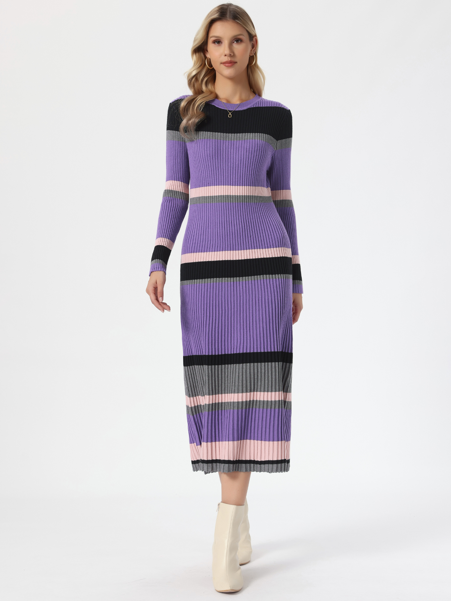 Turtleneck Knit Colorblock Striped Sweater Dress Purple/L