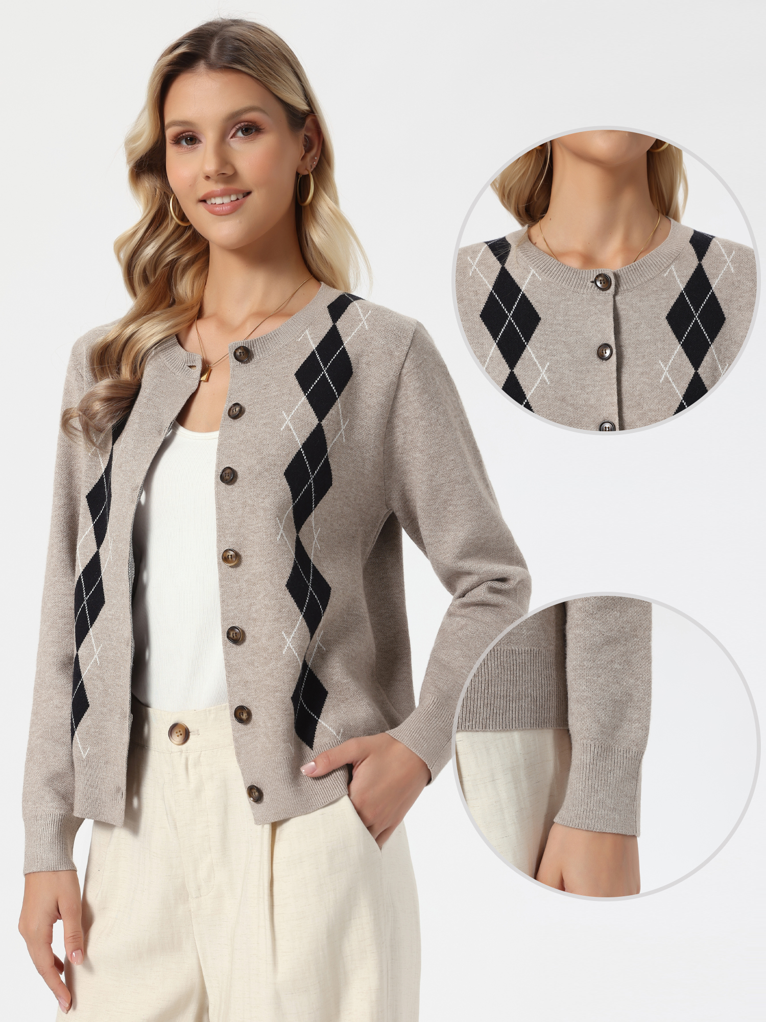 Argyle Long Sleeve Crew Neck Button Down Knit Cardigan Camel/XS