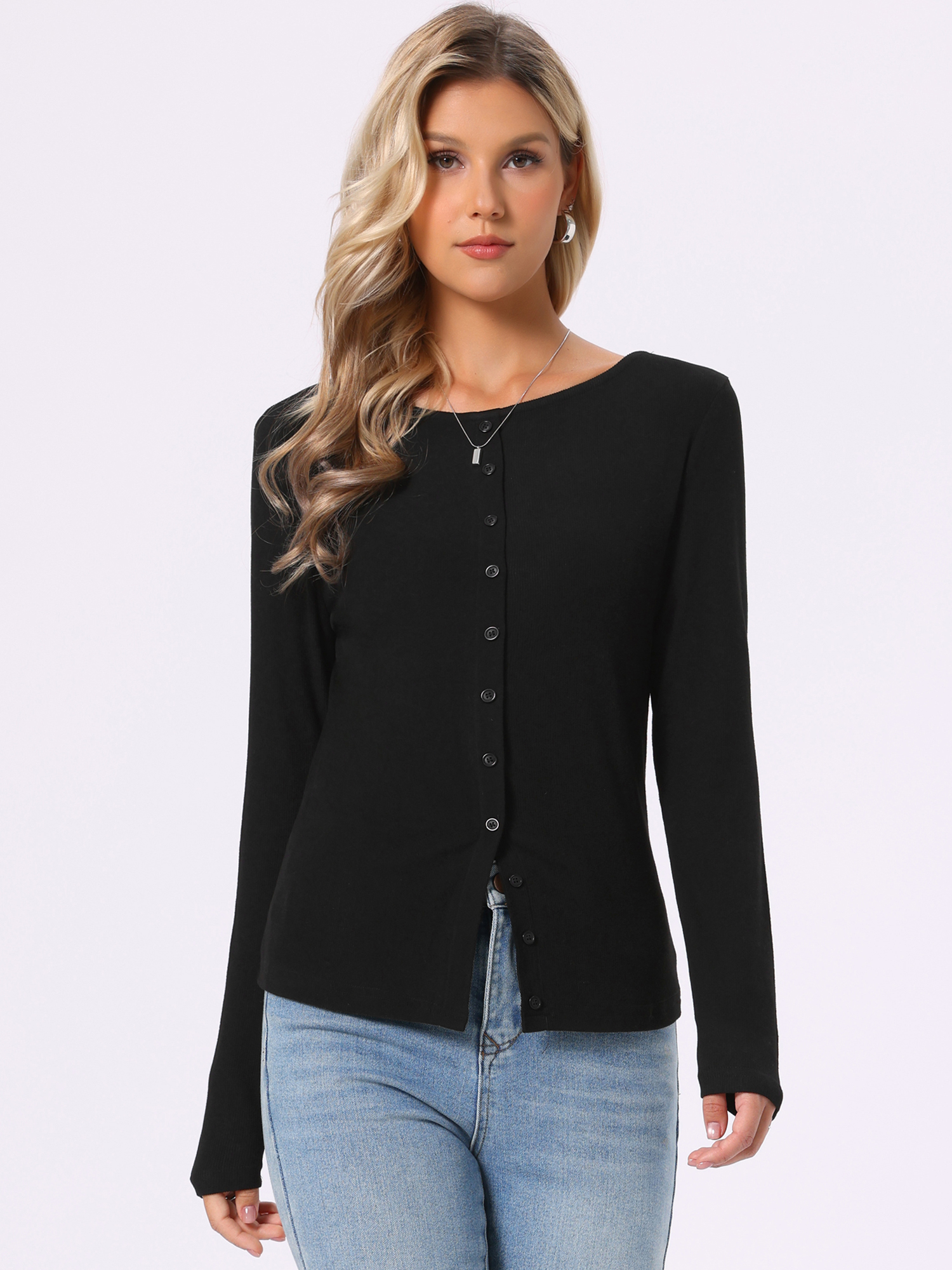 Long Sleeve Button Down Fitted Solid Casual Knit Top Black/XL