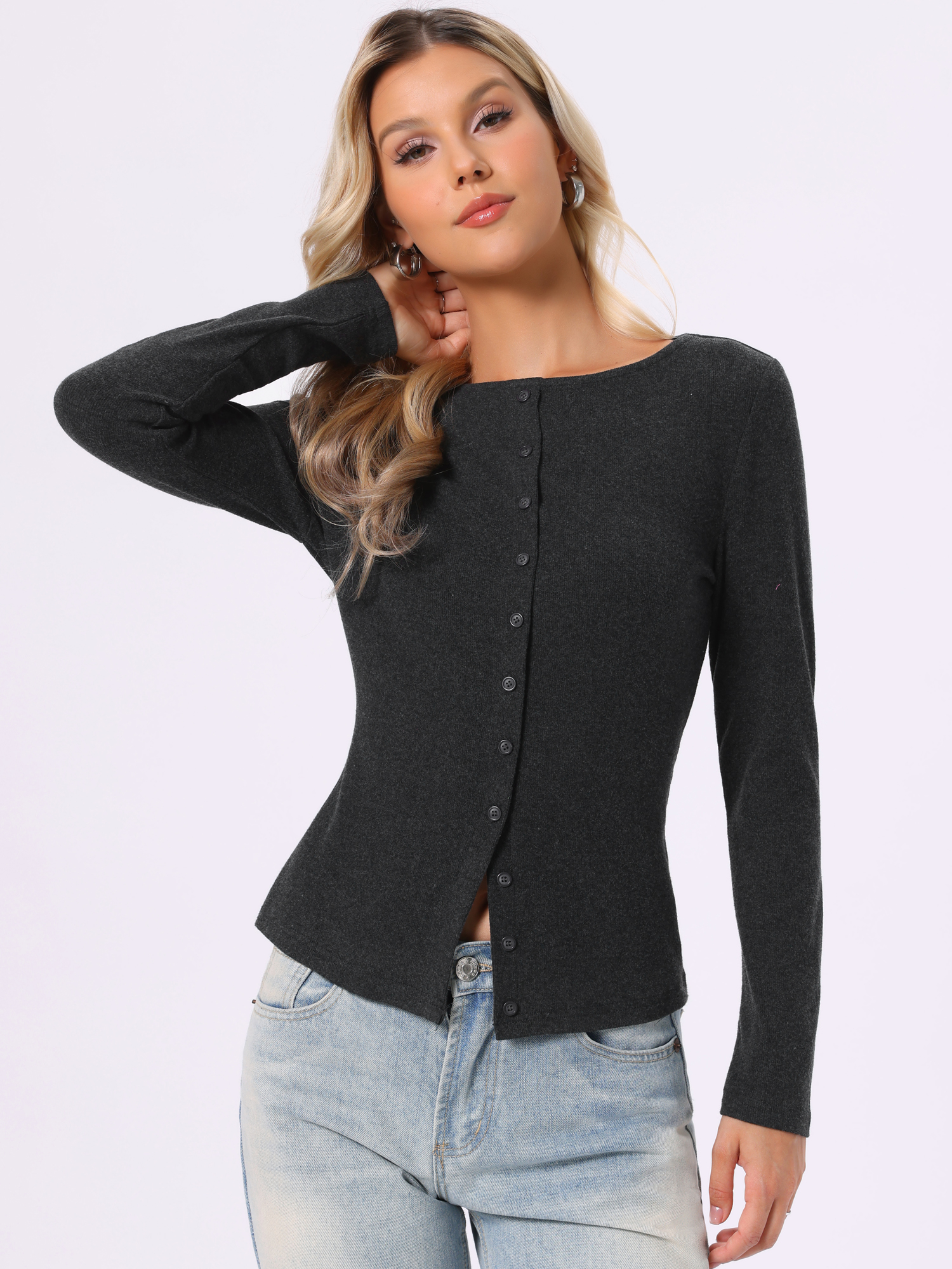 Long Sleeve Button Down Fitted Solid Casual Knit Top Grey/M