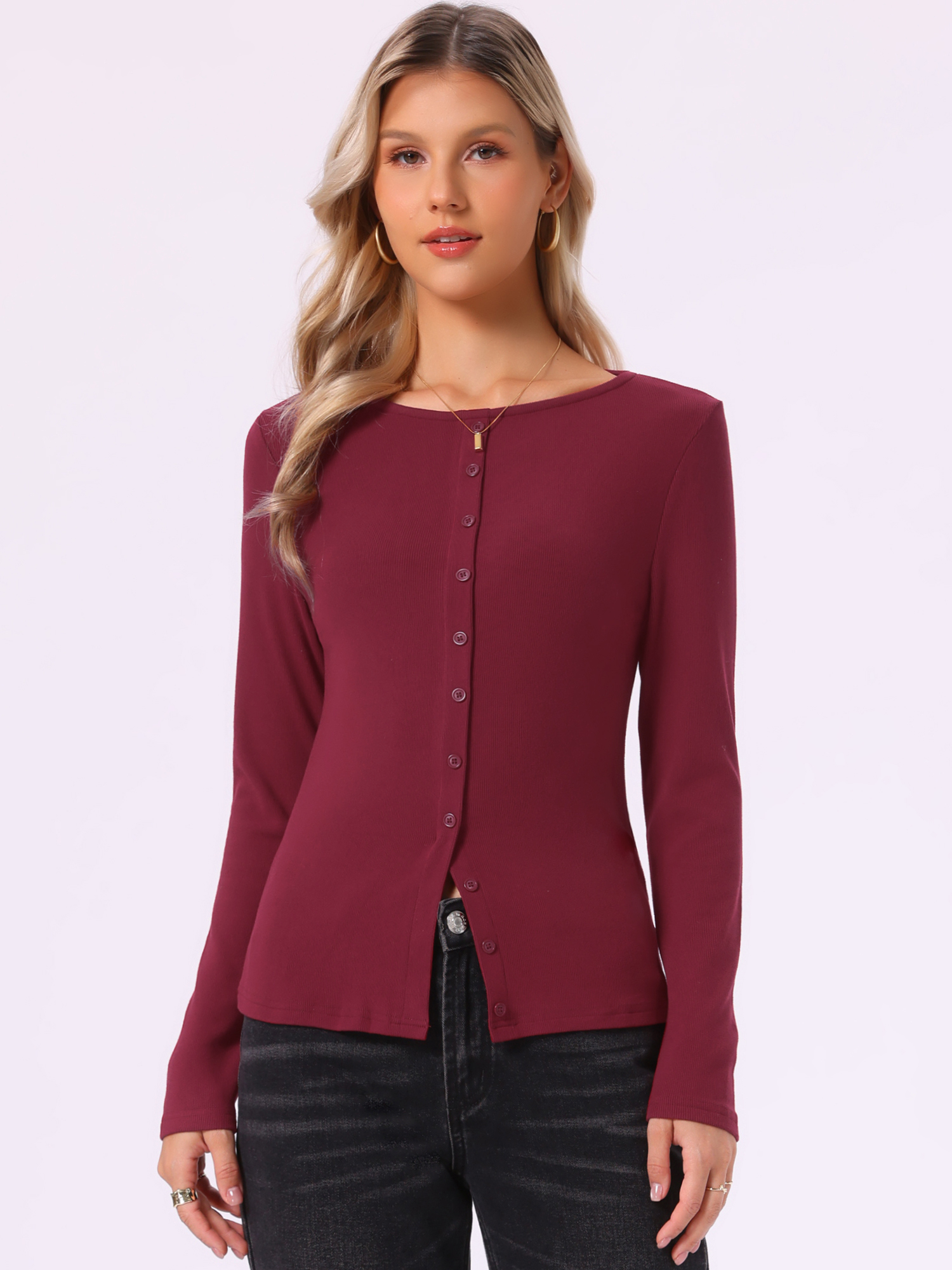 Long Sleeve Button Down Fitted Solid Casual Knit Top Red/XS