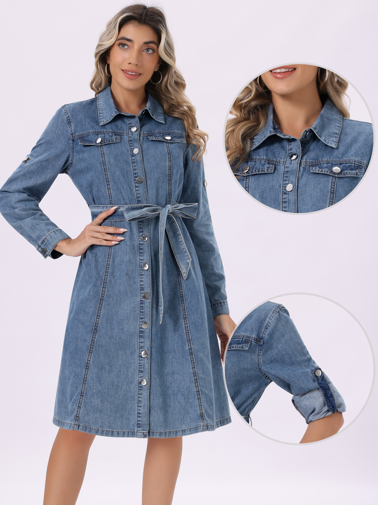 Denim Button Down Long Sleeve Belted Classic Jean Shirt Dress Grey Blue/XS