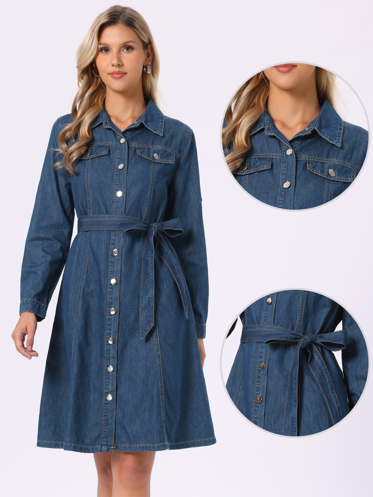 Denim Button Down Long Sleeve Belted Classic Jean Shirt Dress Navy Blue/L