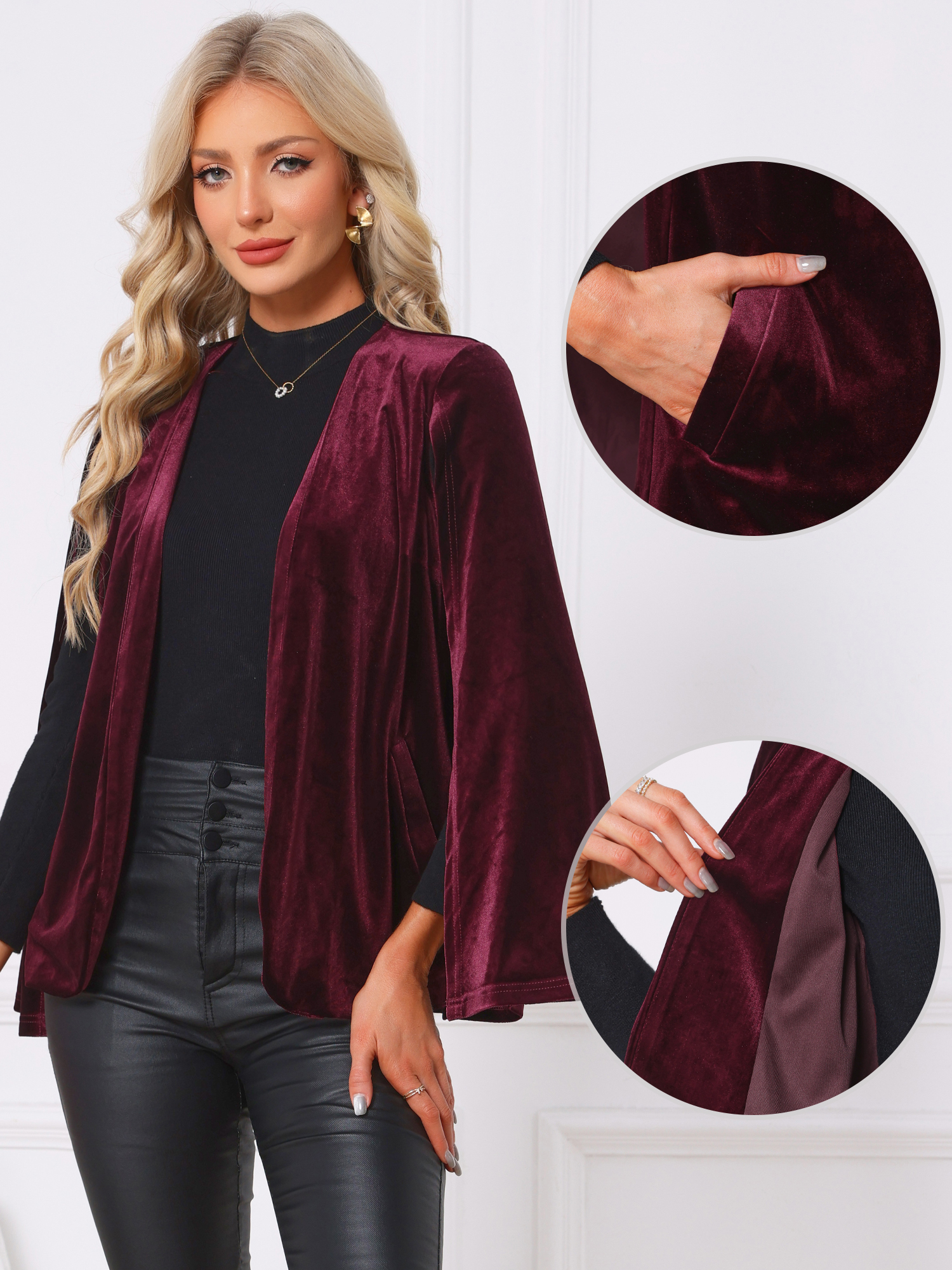 Split Long Sleeve Open Front Velvet Cape Jacket Burgundy/S