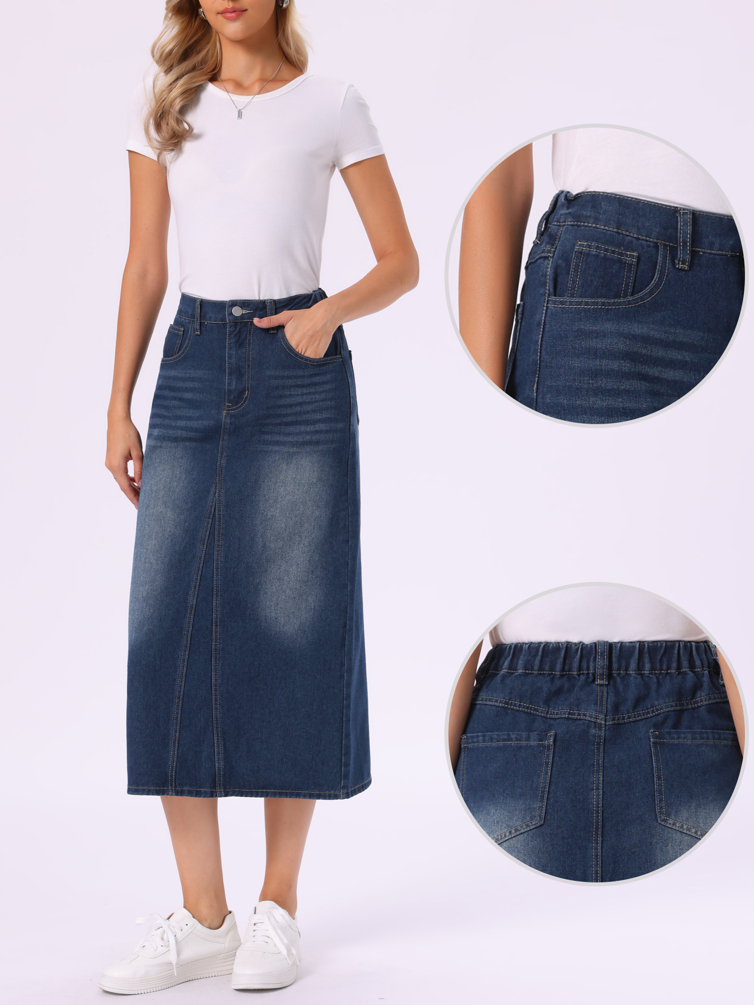 Denim Elasticated Waist Washed A-Line Long Jean Skirt Dark Blue/XL