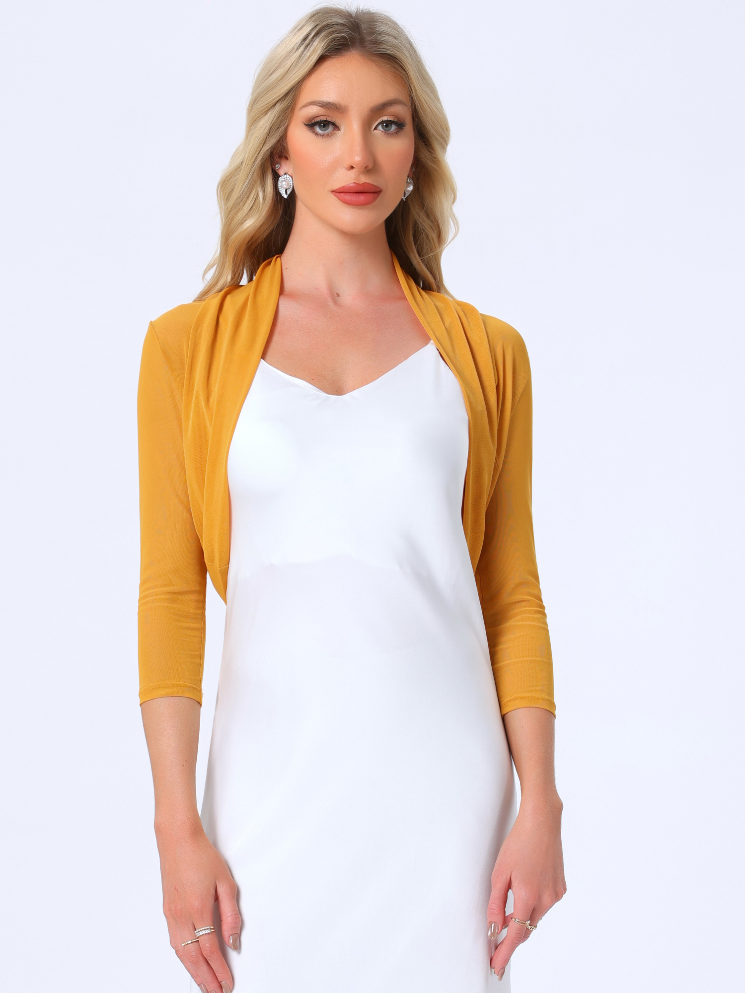 Semi Sheer Mesh 3/4 Sleeve Stretchy Cropped Bolero Shrug Ginger/2XL