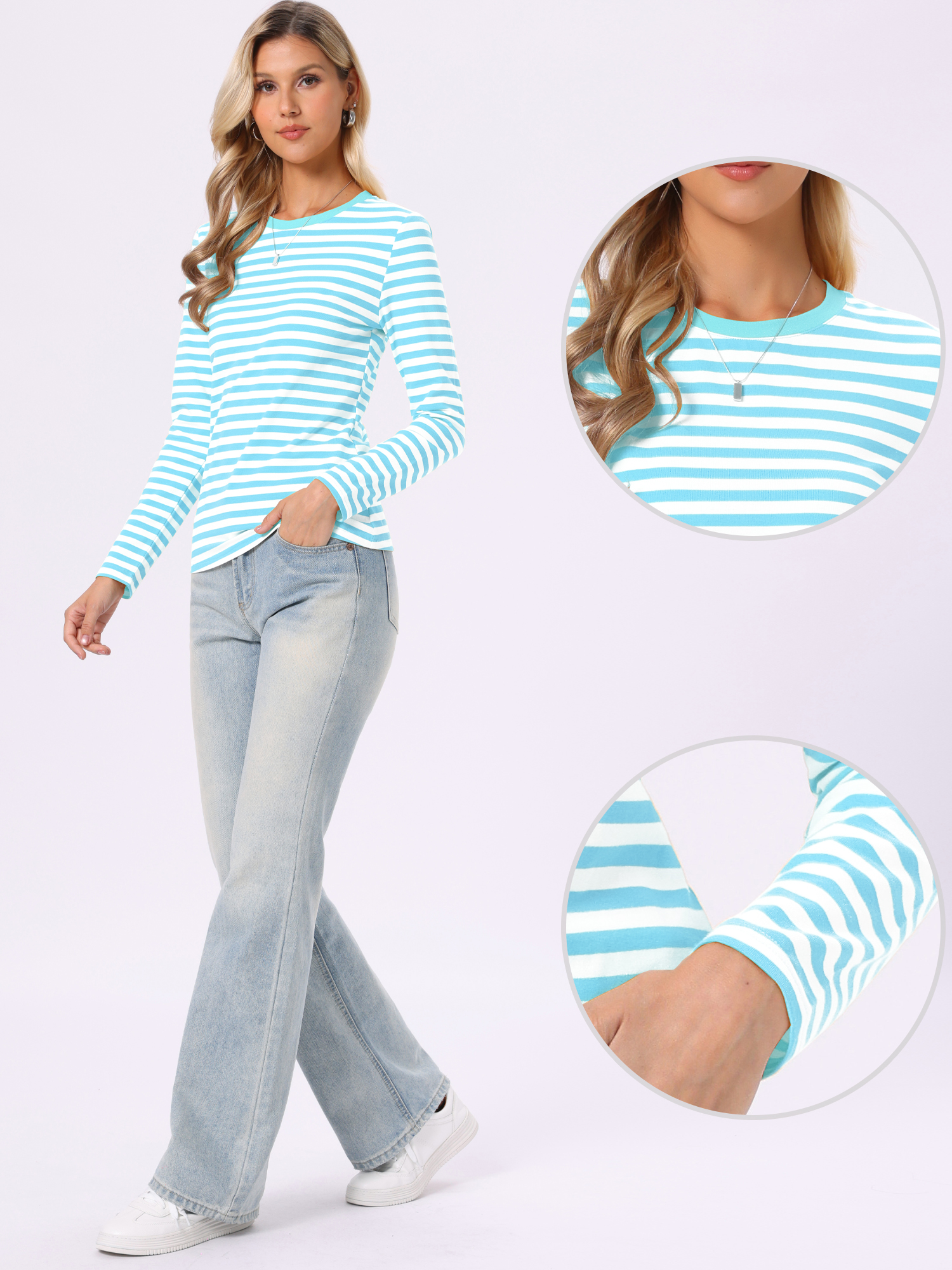Striped Long Sleeve Crew Neck Casual Tops Light Blue Stripe/XS