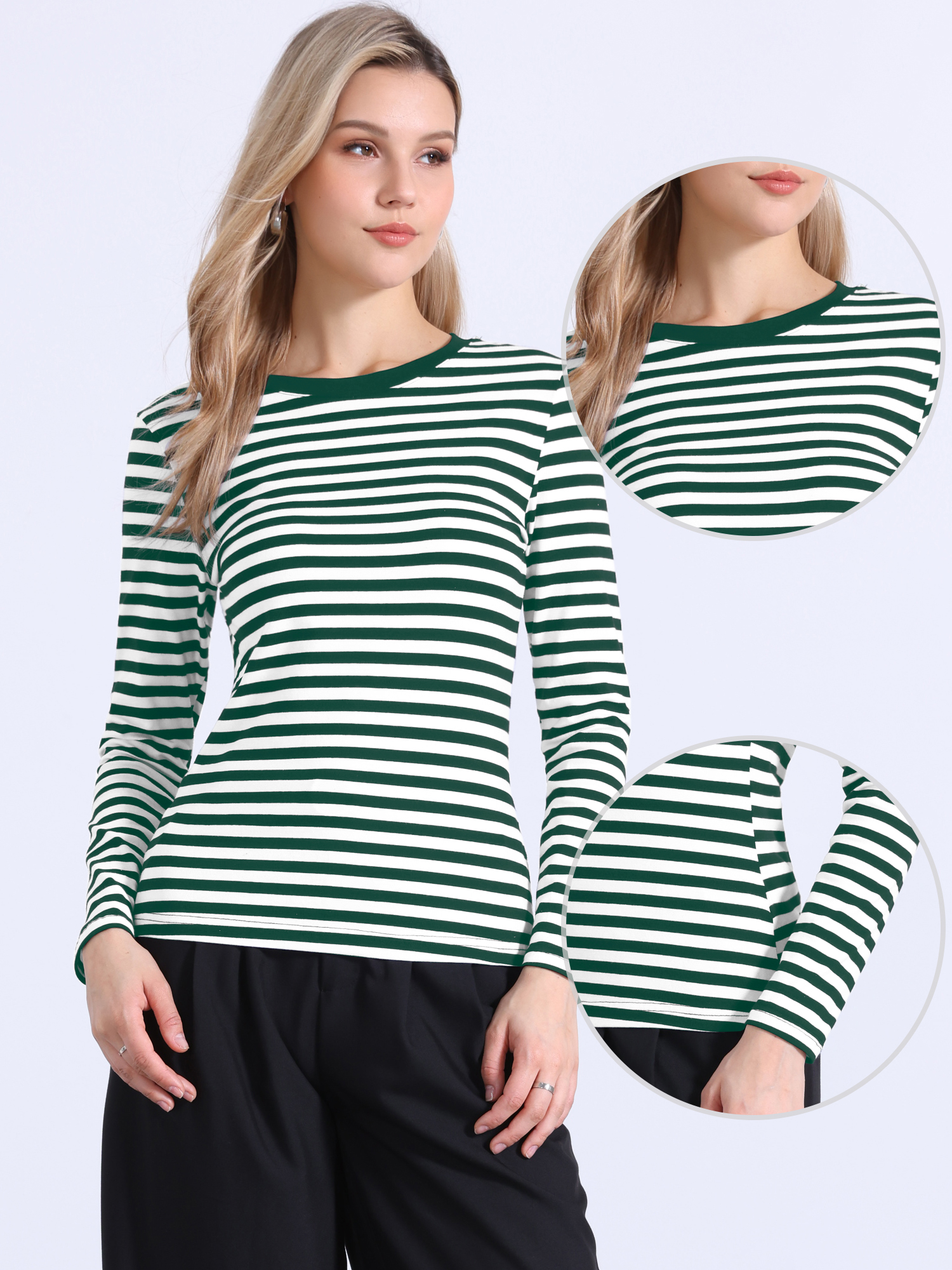 Striped Long Sleeve Crew Neck Casual Tops Dark Green Striped/S
