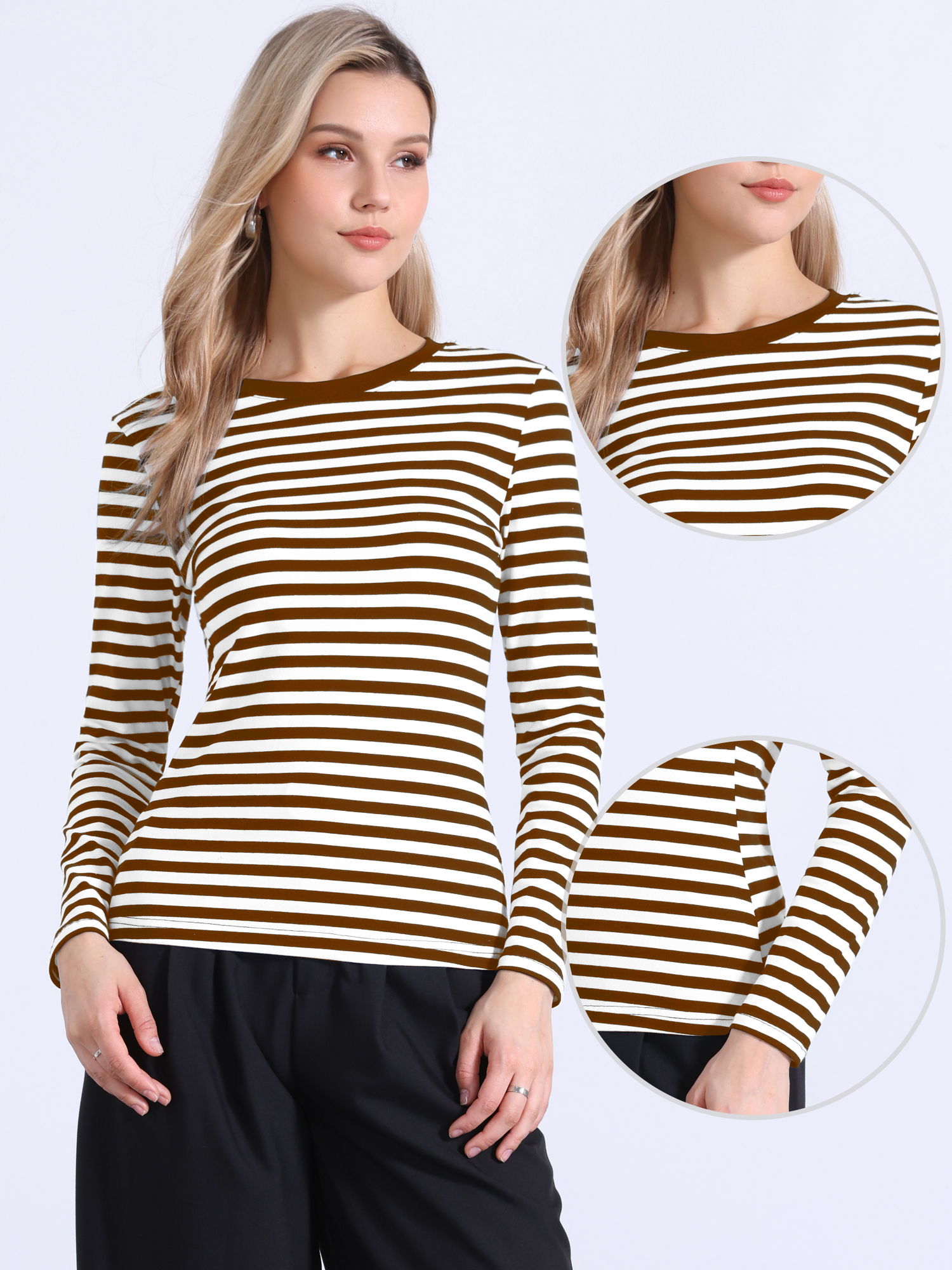 Striped Long Sleeve Crew Neck Casual Tops Brown Stripe/XS