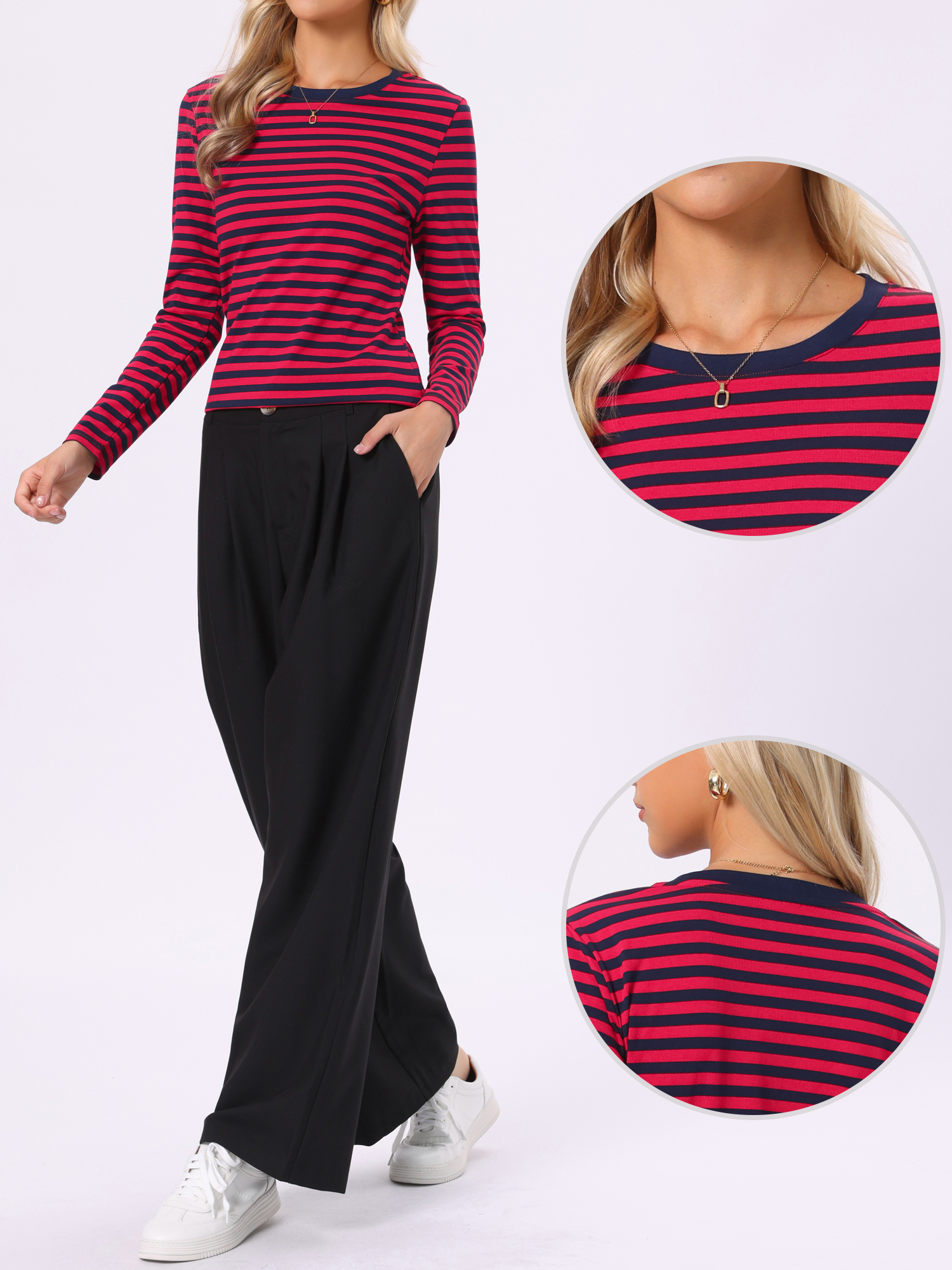 Striped Long Sleeve Crew Neck Casual Tops Red Blue Stripe/L