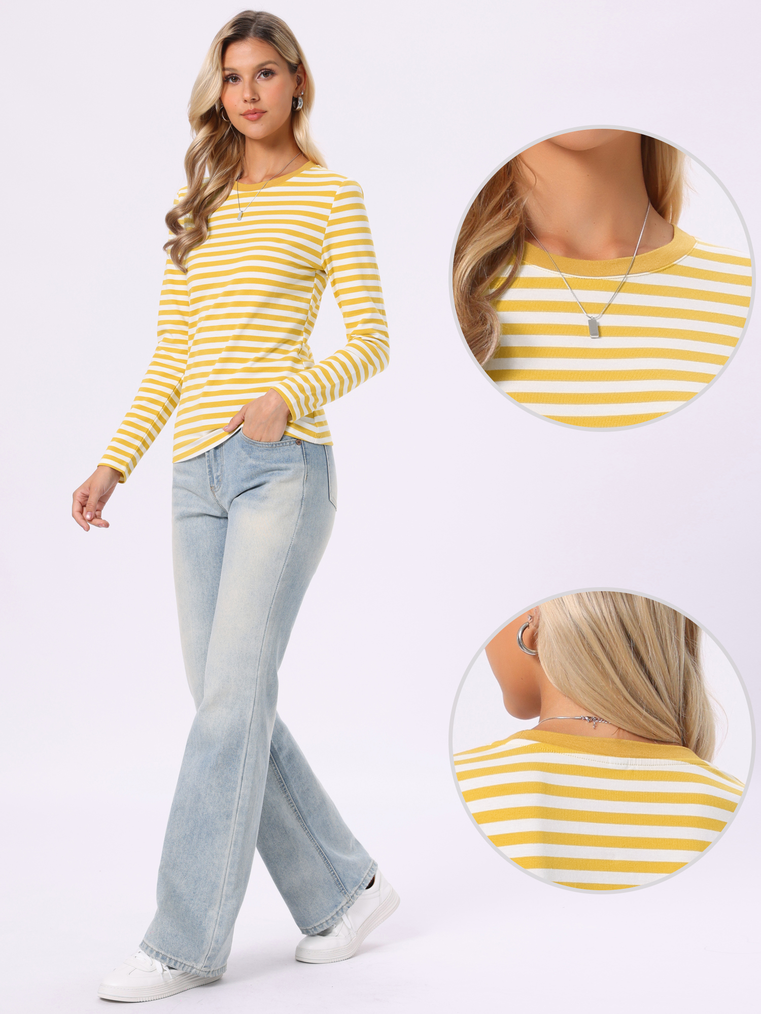 Striped Long Sleeve Crew Neck Casual Tops Yellow Stripe/L