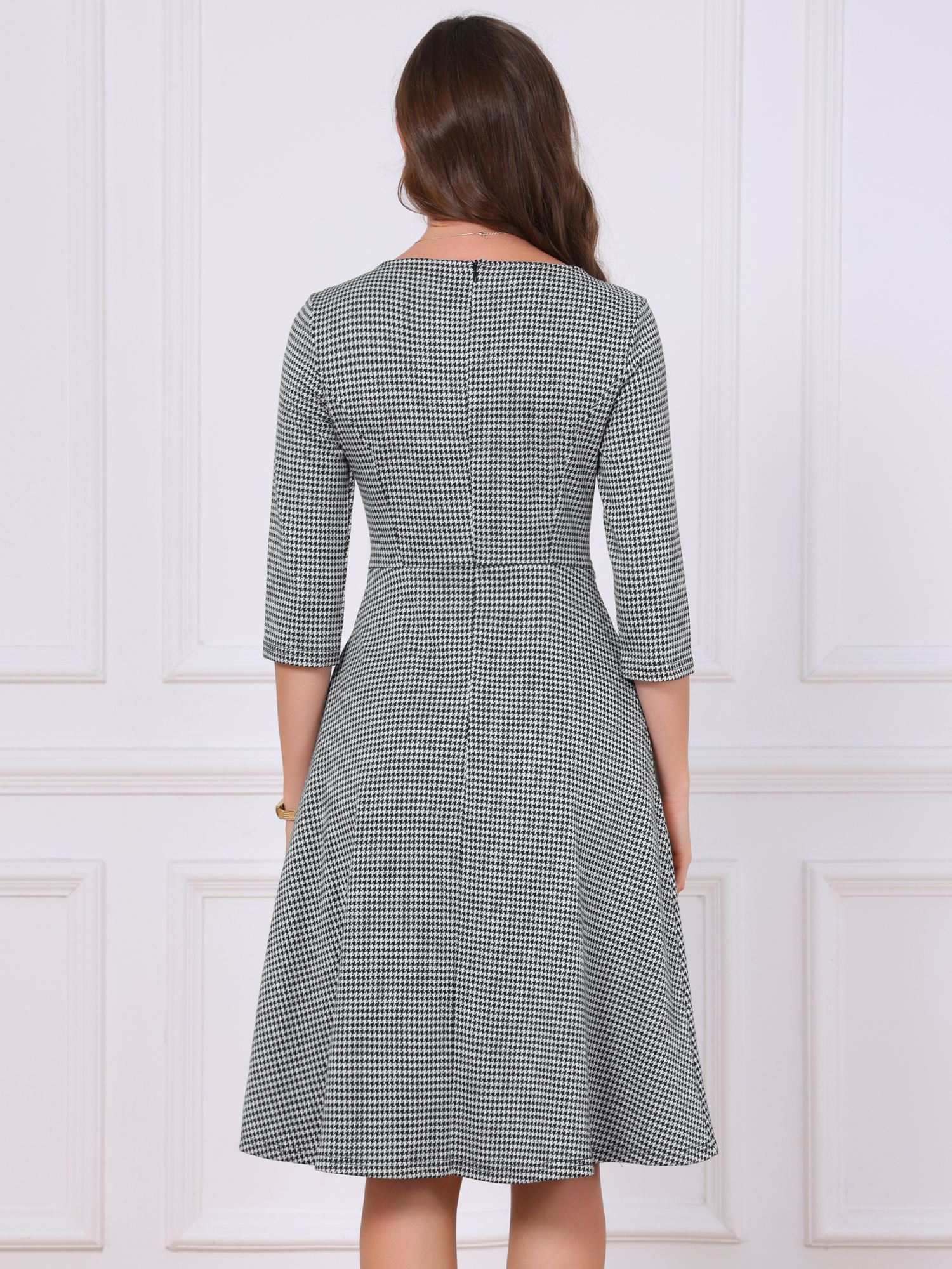Houndstooth 3/4 Sleeve Boat Neck A-Line Work Dress Black/S