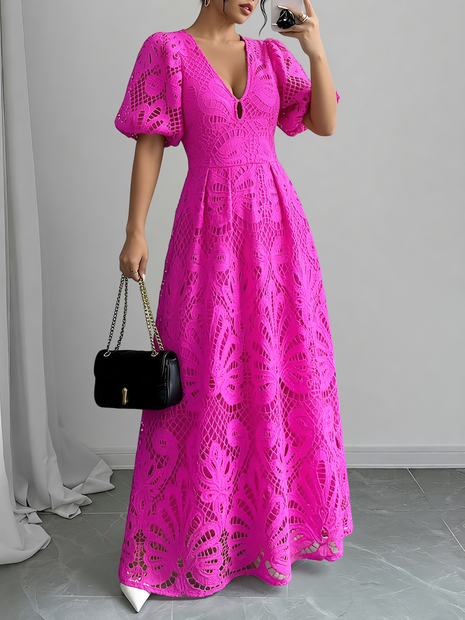 Lace V Neck Puff Sleeves A-Line Maxi Dress Rose Red/M