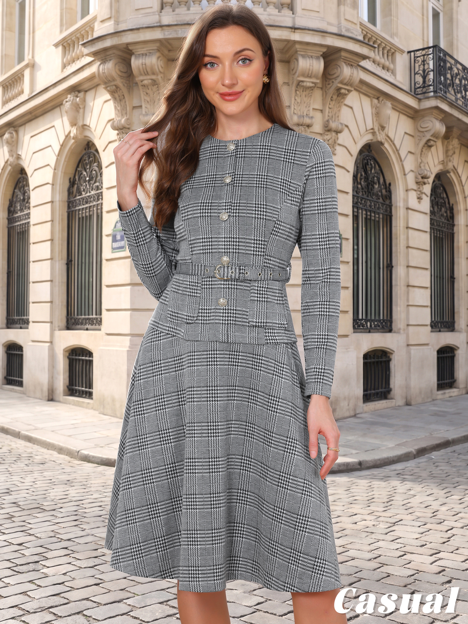 Fake-2-Piece Plaid Long Sleeve A-Line Belted Dress Black White/XL