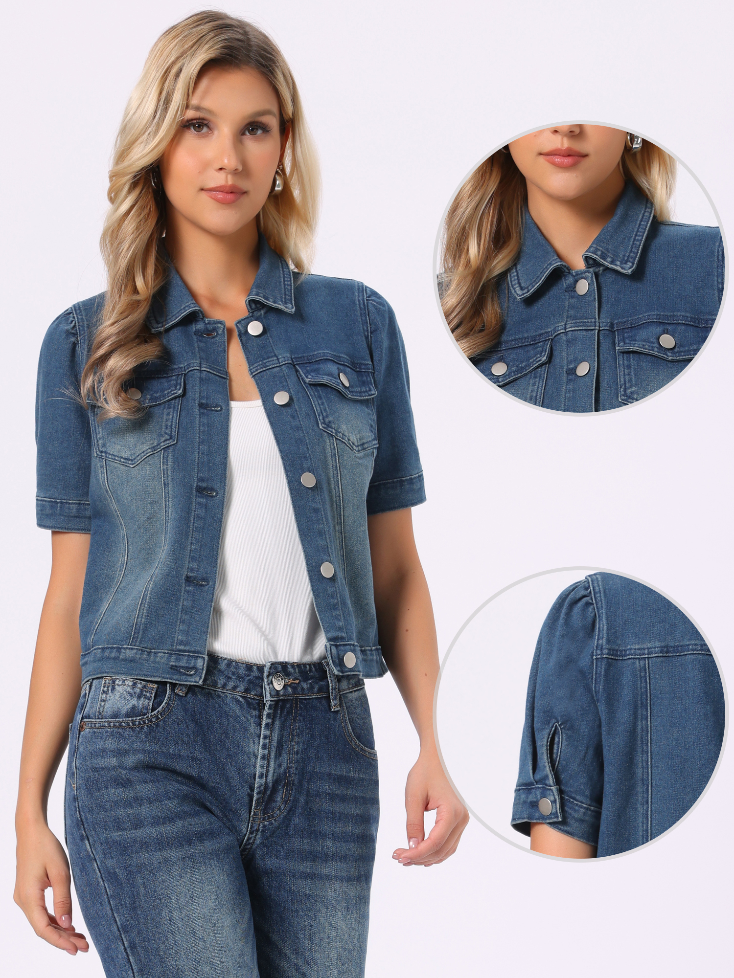 Casual Short Puff Sleeves Button-Down Jean Denim Jacket Retro Blue/L