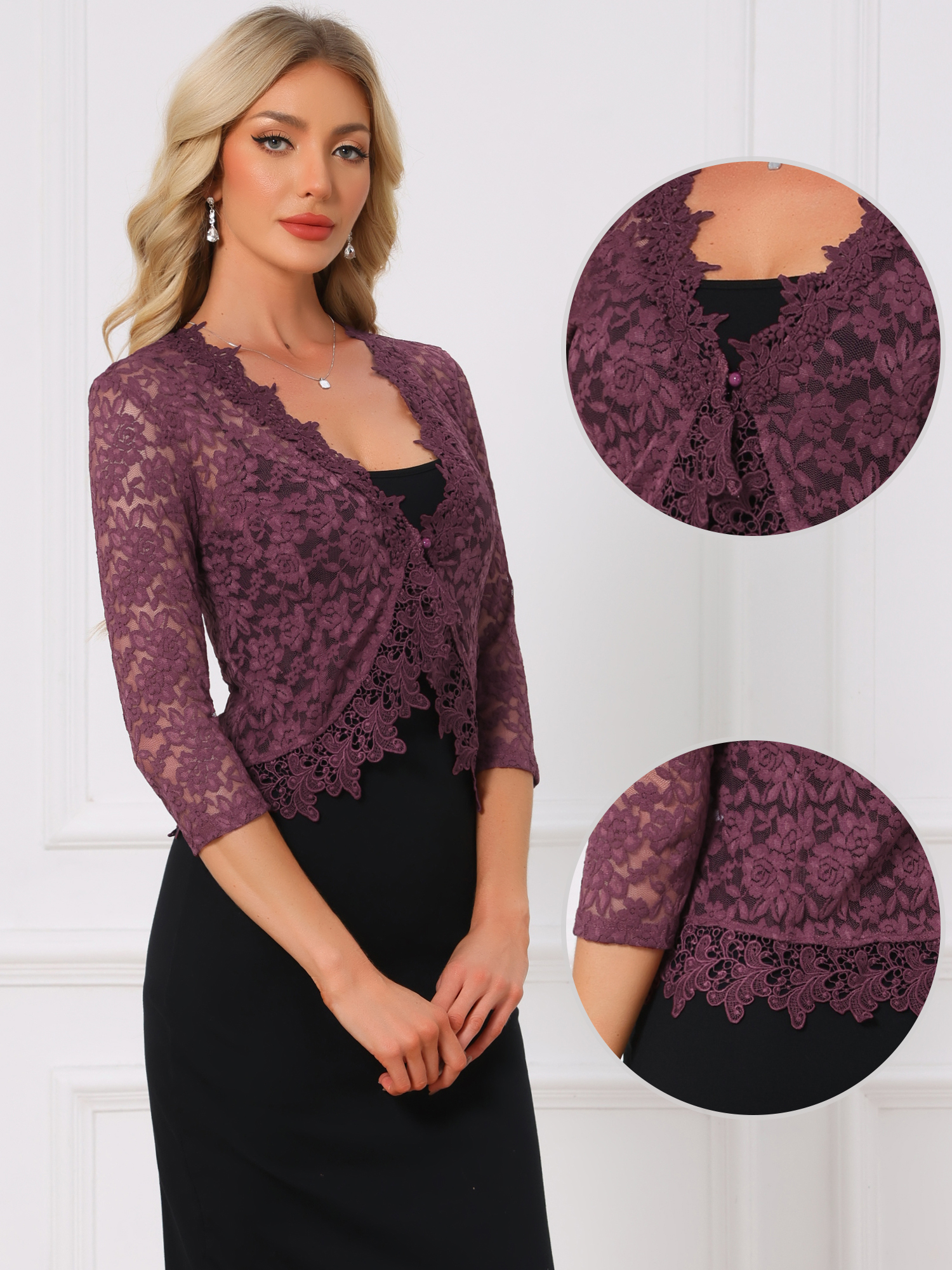 Floral Lace Evening 3/4 Sleeves Formal Elegant Bolero Shrugs Fuchsia/S