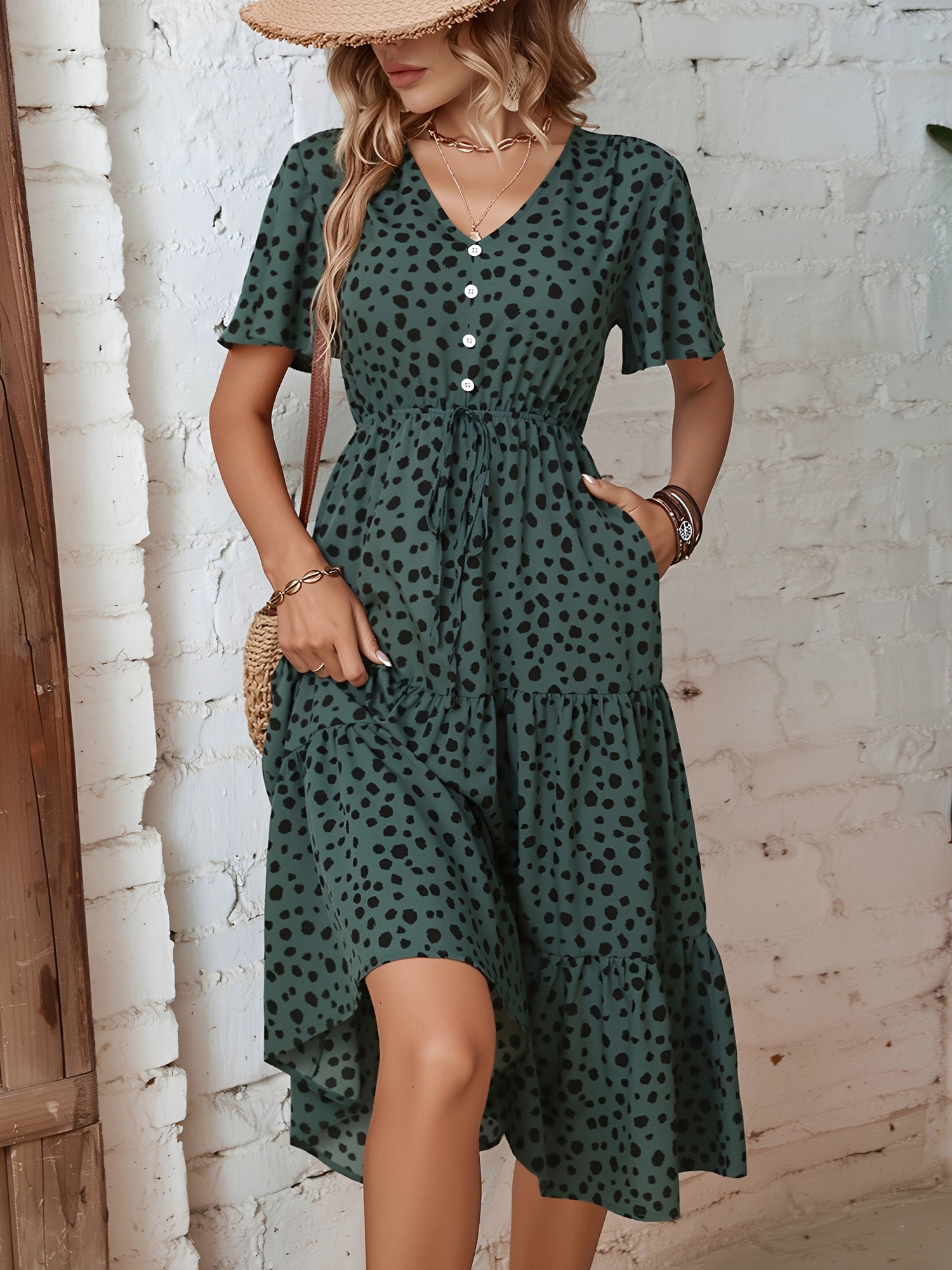Pocketed Leopard Print Short Sleeve Tiered Dress Dark Green/S
