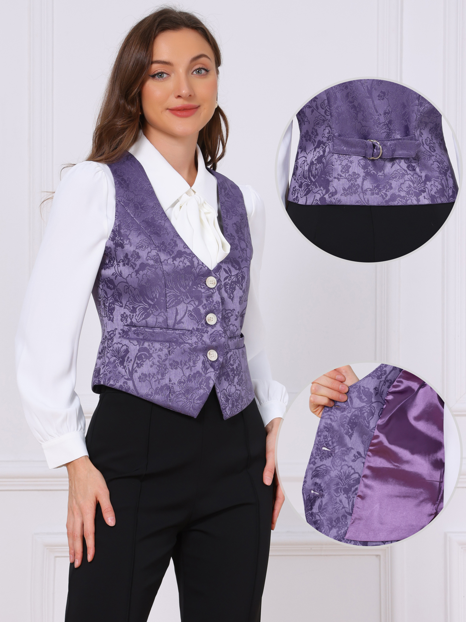 Vintage Button Up Jacquard Steampunk Waistcoat Suit Vest Dusty Purple/XL