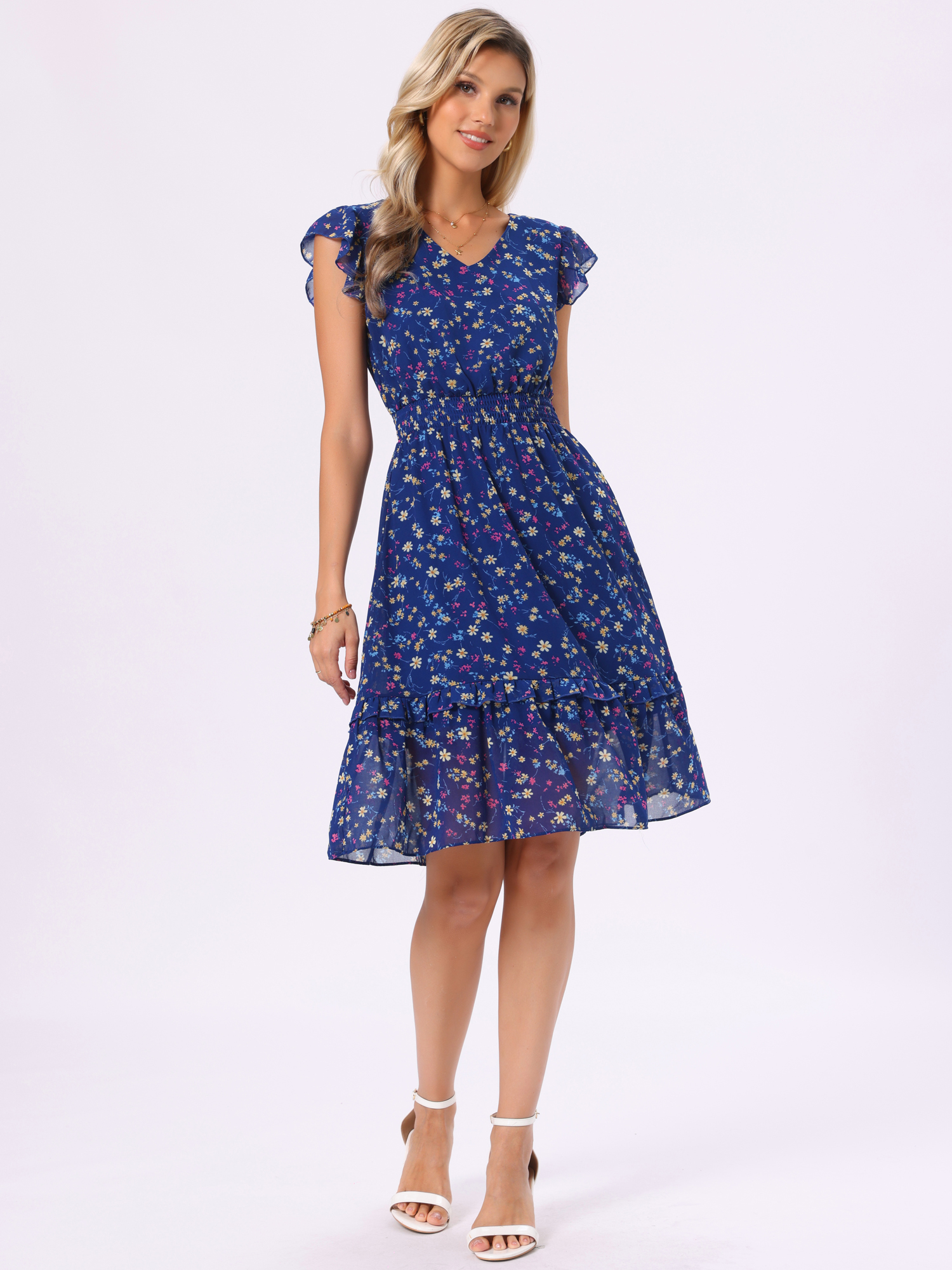 Floral Flutter Sleeve V Neck Smocked Ruffle Dress Royal BLue/XS