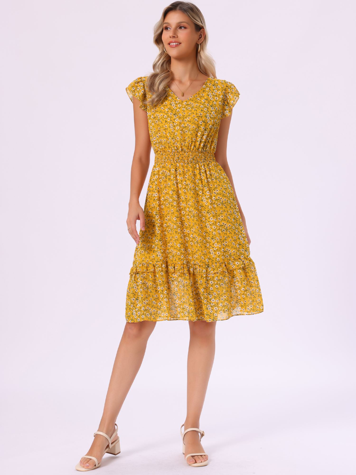 Floral Flutter Sleeve V Neck Smocked Ruffle Dress Dark Yellow/XL