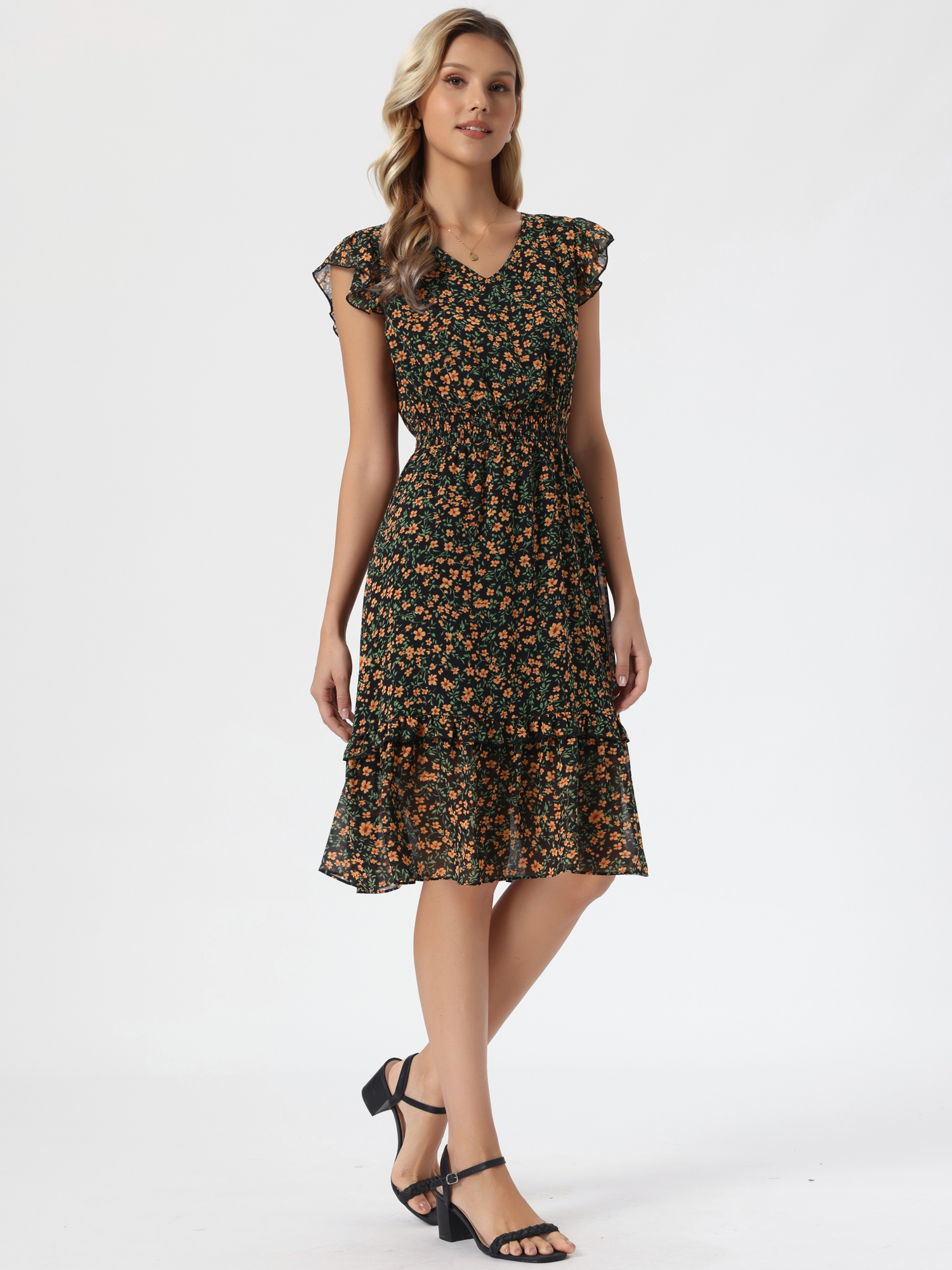 Floral Flutter Sleeve V Neck Smocked Ruffle Dress Black Orange/S