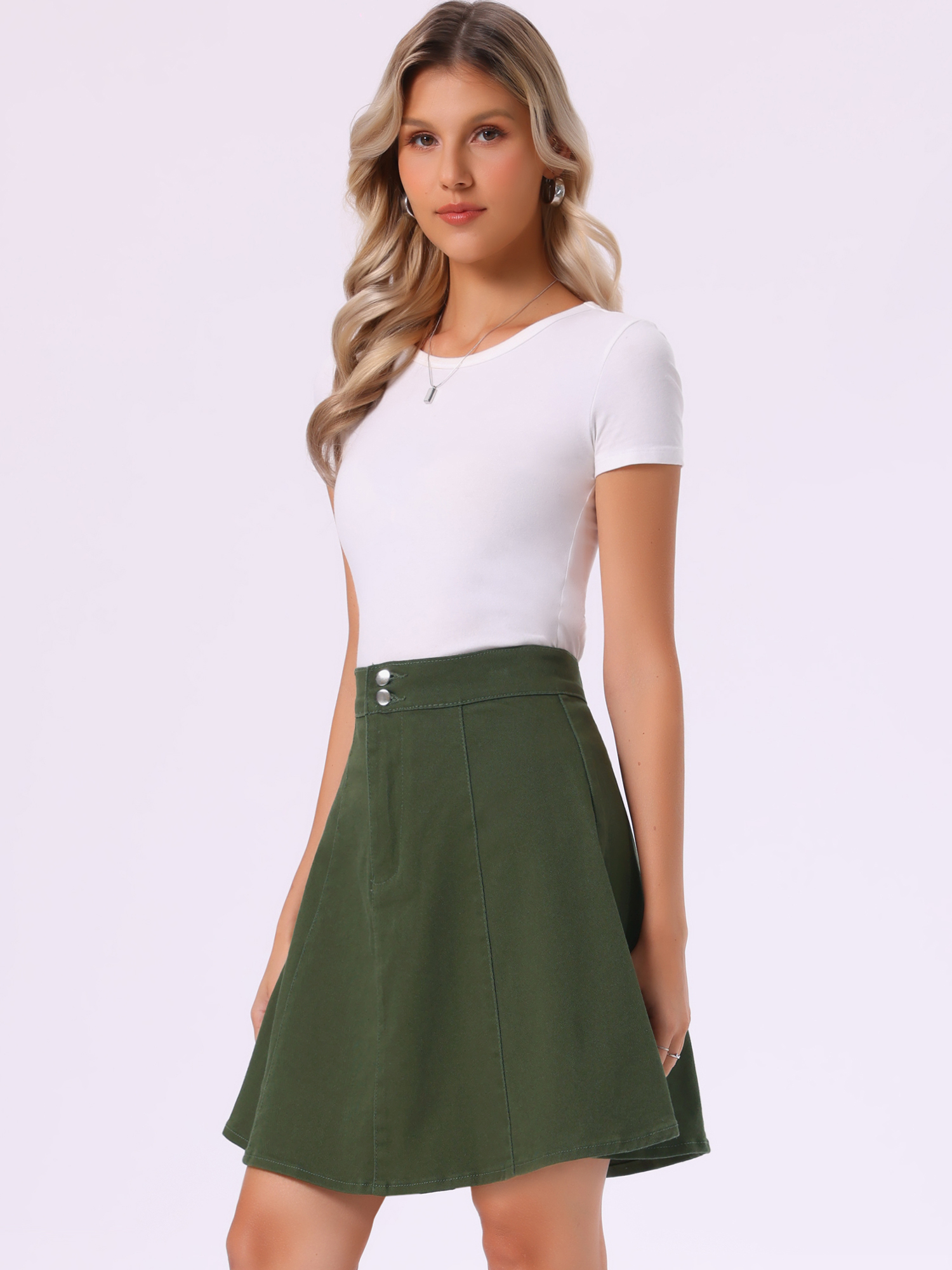 High Waisted A-Line Flared Casual Denim Midi Jean Skirt Dark Green/L