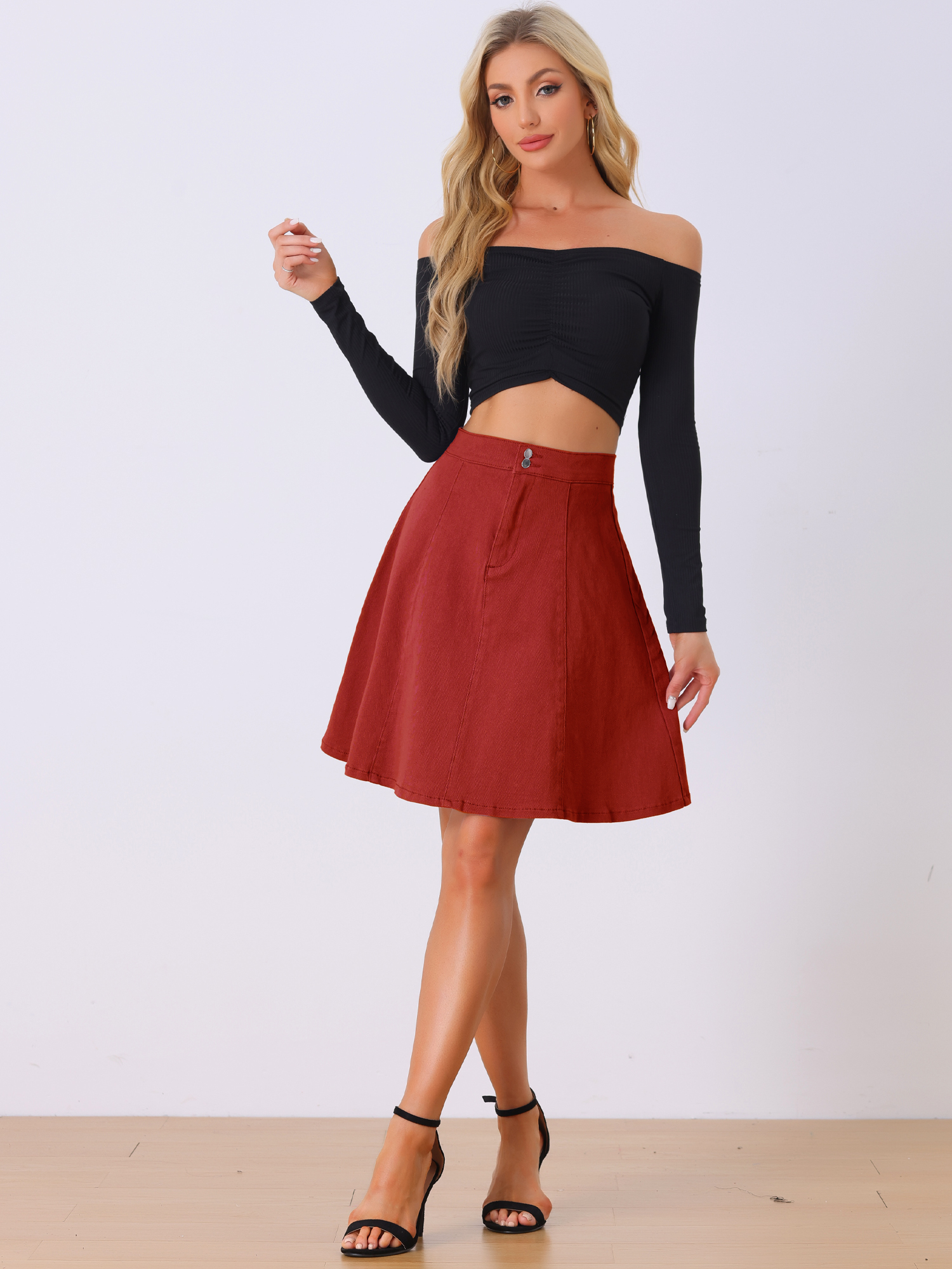 High Waisted A-Line Flared Casual Denim Midi Jean Skirt Red/XL