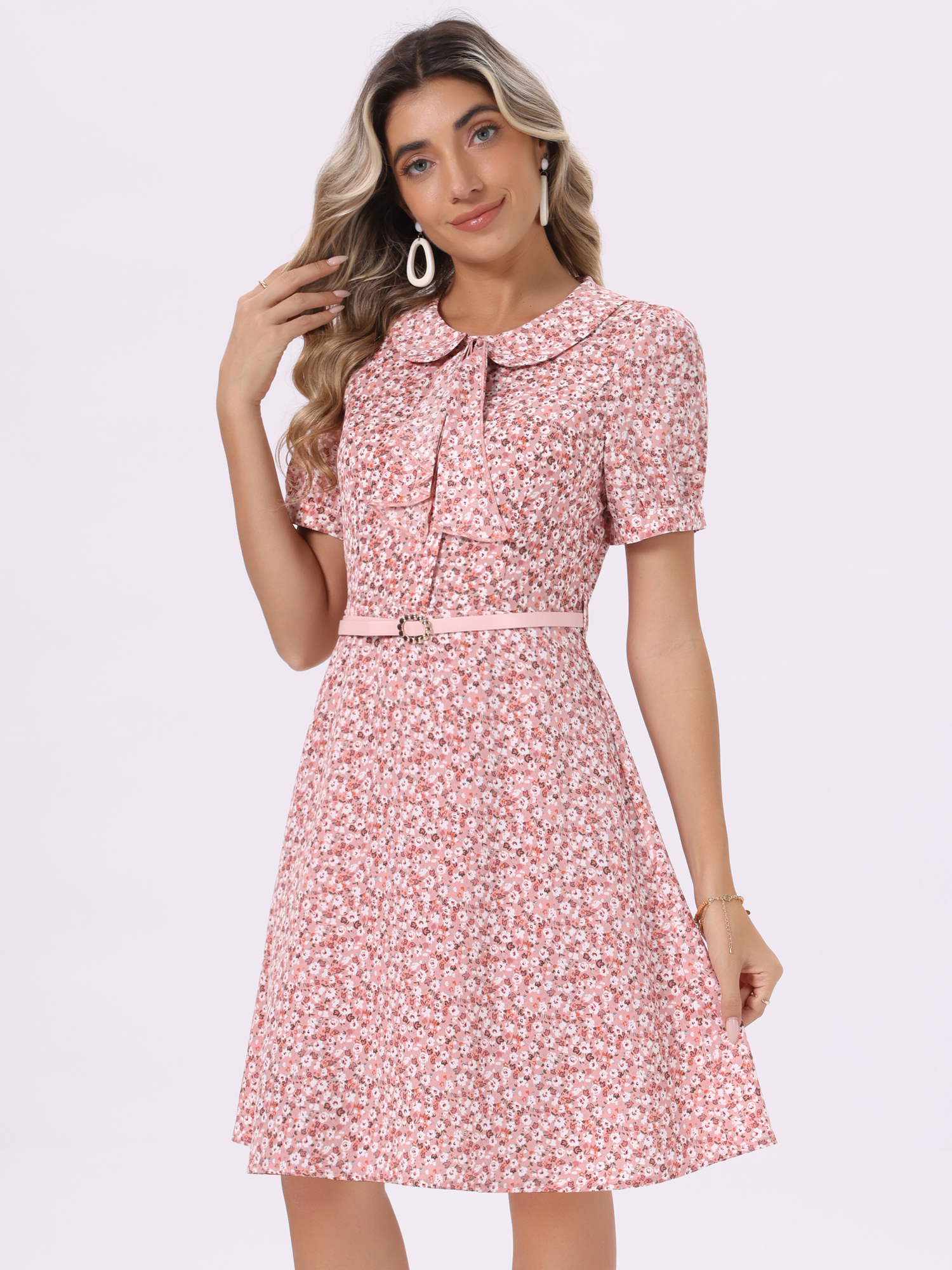 Peter Pan Collar Tie Neck Short Sleeve A-Line Belted Floral Dress Light Pink/XL