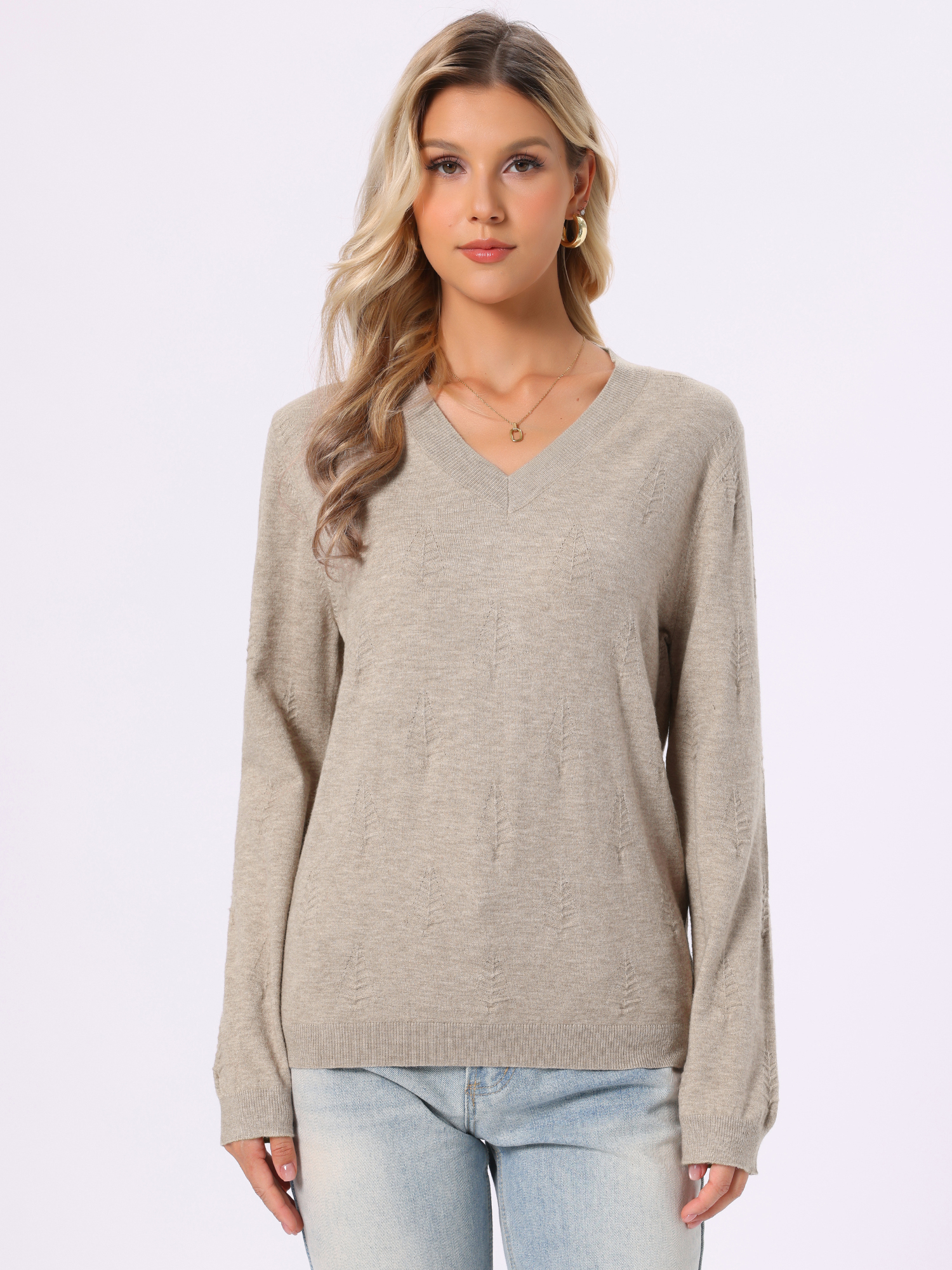 V Neck Ribbed Casual Knit Pullover Long Sleeve Sweater Camel/M
