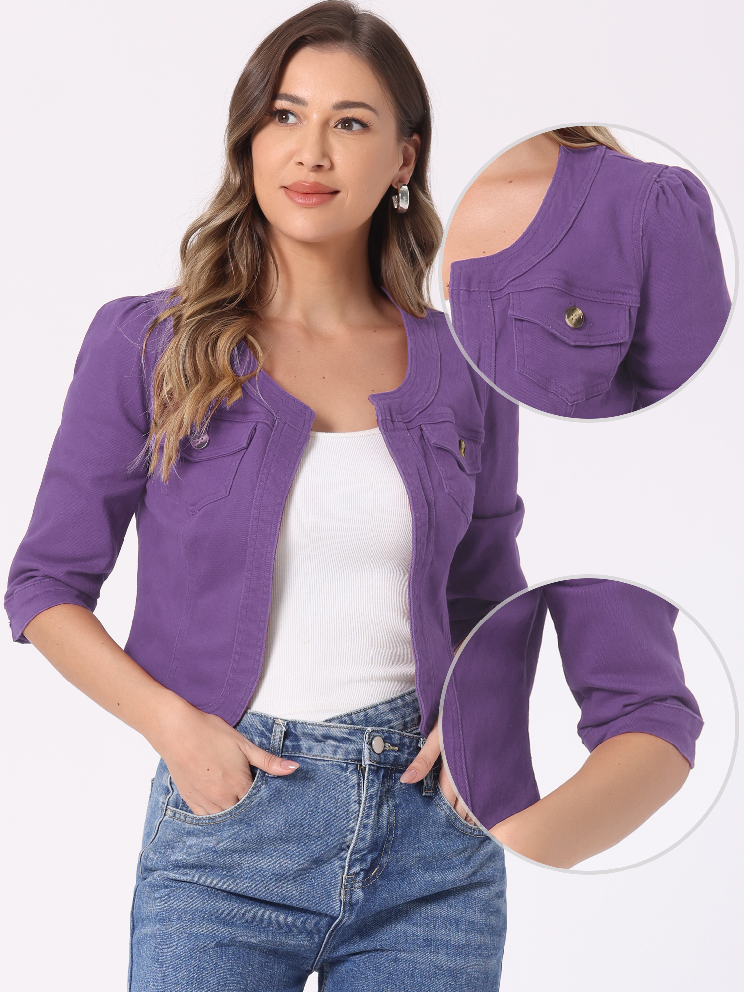 Collarless Pockets 3/4 Sleeve Cropped Denim Jacket Dark Purple/XL