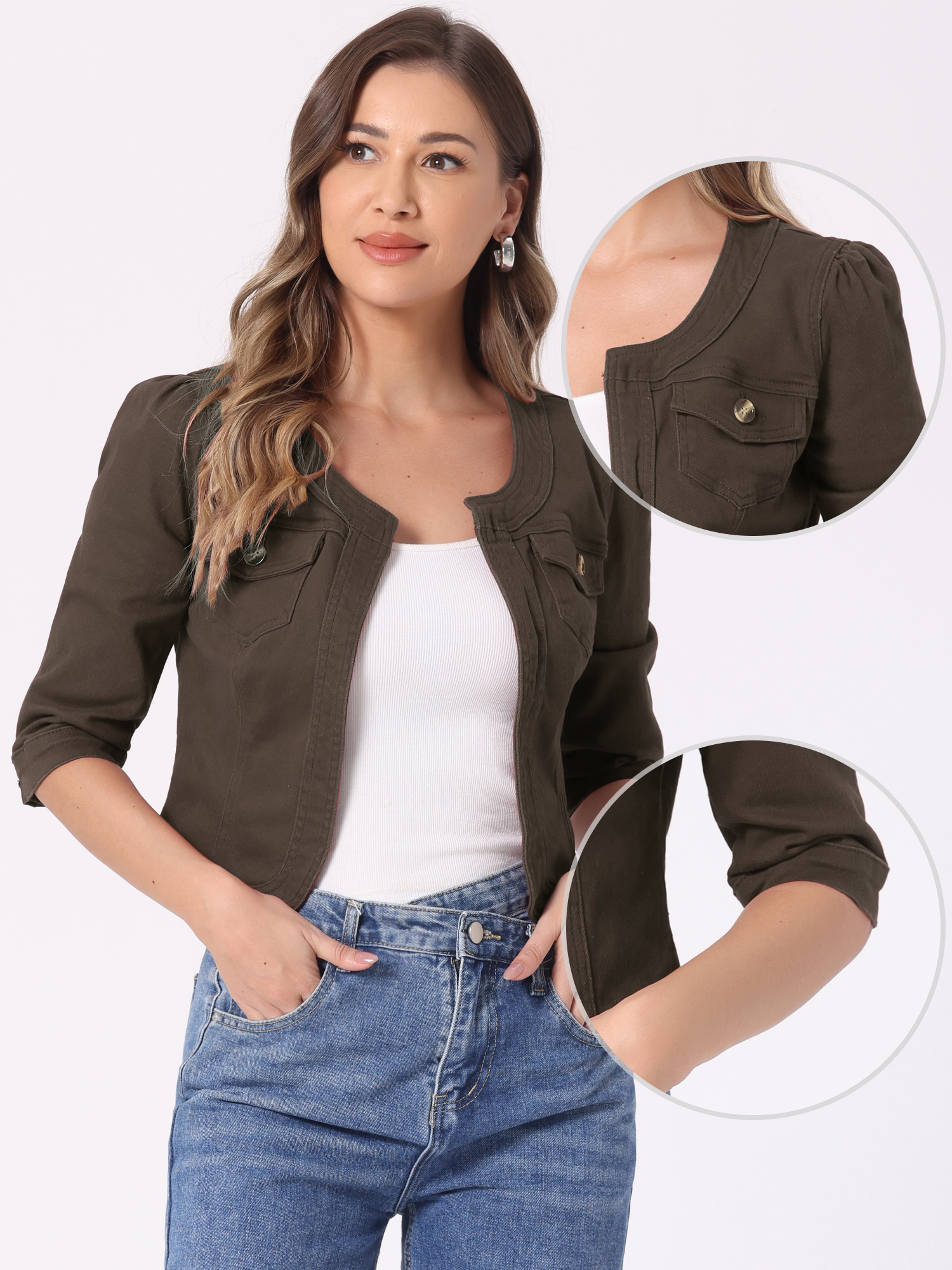 Collarless Pockets 3/4 Sleeve Cropped Denim Jacket Dark Brown/XL