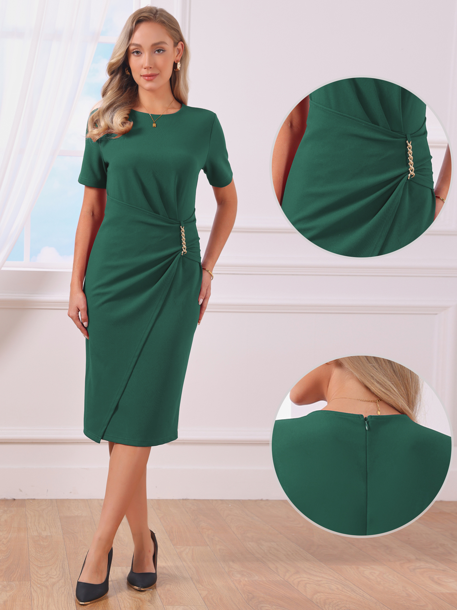 Short Sleeve Crew Neck Midi Sheath Work Dress Deep Green/L
