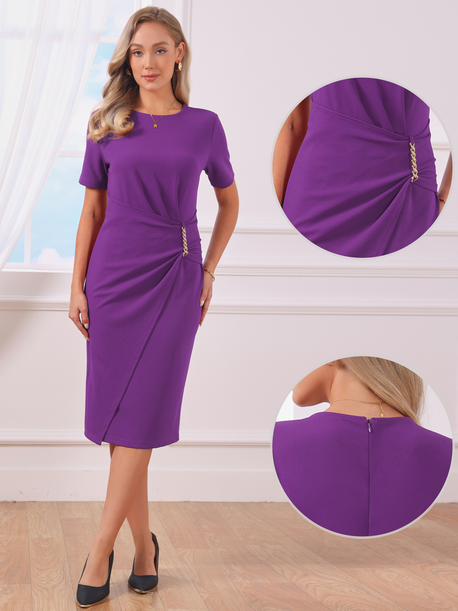 Short Sleeve Crew Neck Midi Sheath Work Dress Purple/XS