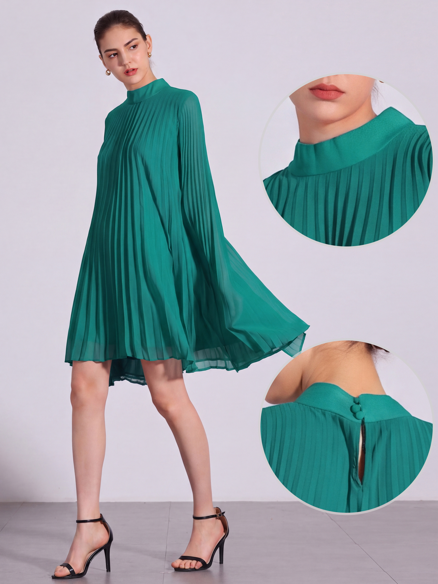 Loose Flowy Cloak Sleeve Cape Pleated Chiffon Mini Dress Peacock Teal/2XL