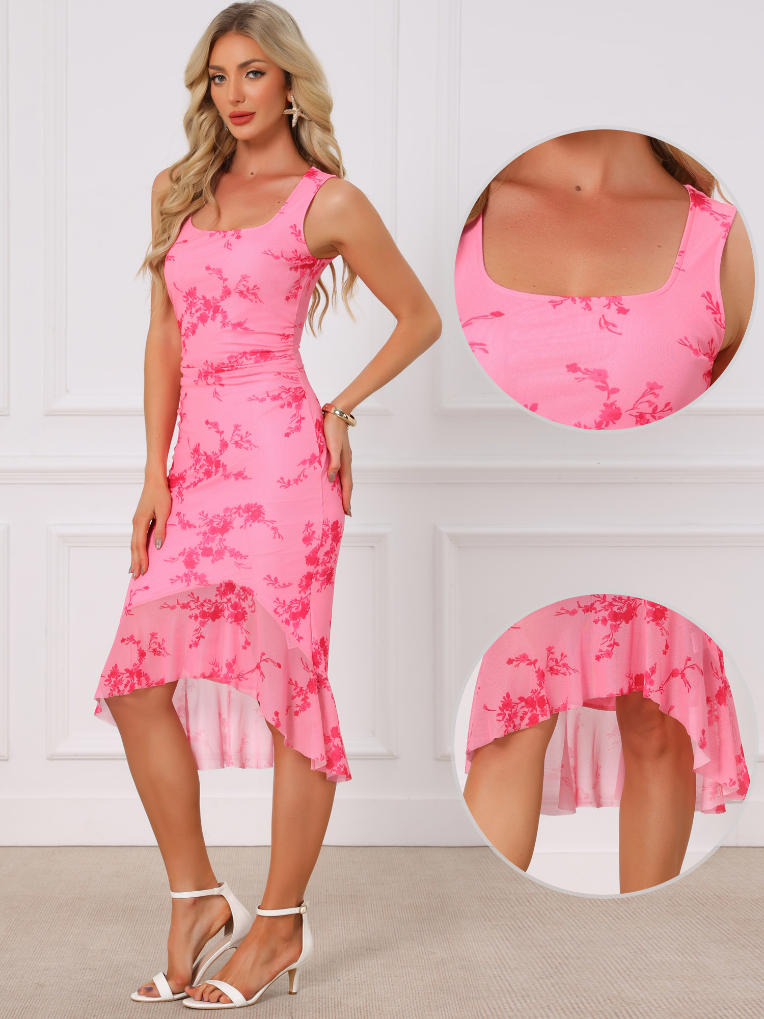 Floral Bodycon Sleeveless Square Neck Ruched Mesh Fishtail Dress Pink/XS