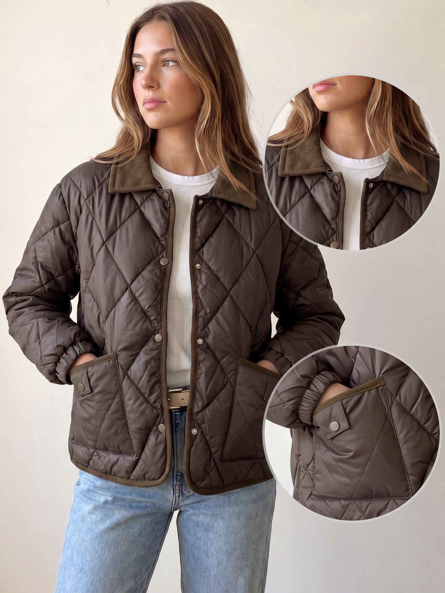 Color Block Lapel Button Down Argyle Puffer Jacket Coffee/M