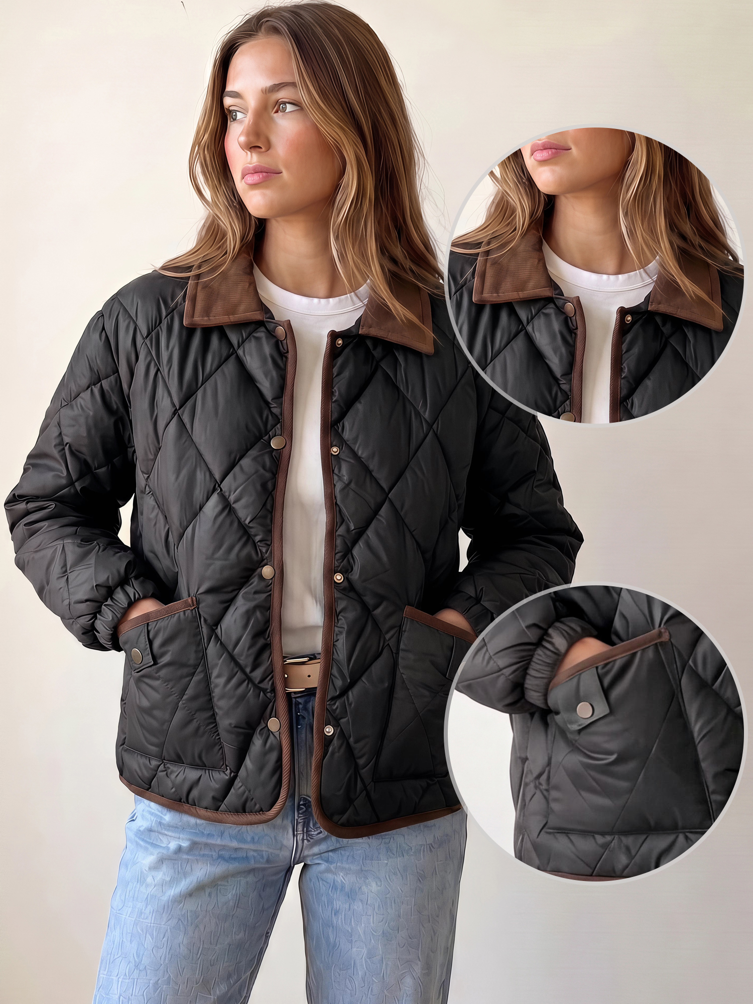 Color Block Lapel Button Down Argyle Puffer Jacket Black/L