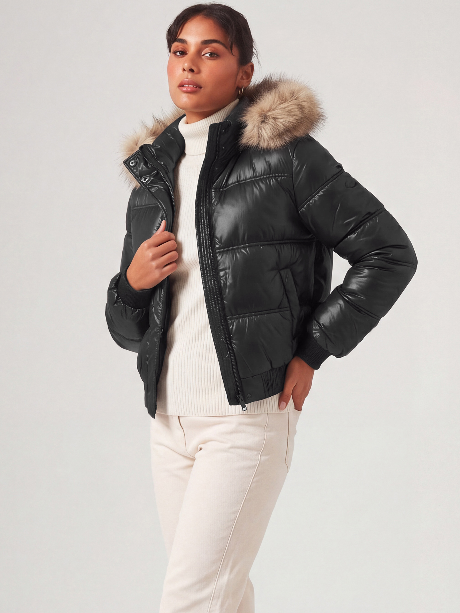 Faux Fur Trim Hooded Puffer Cropped Quilted Down Coats Black/XS