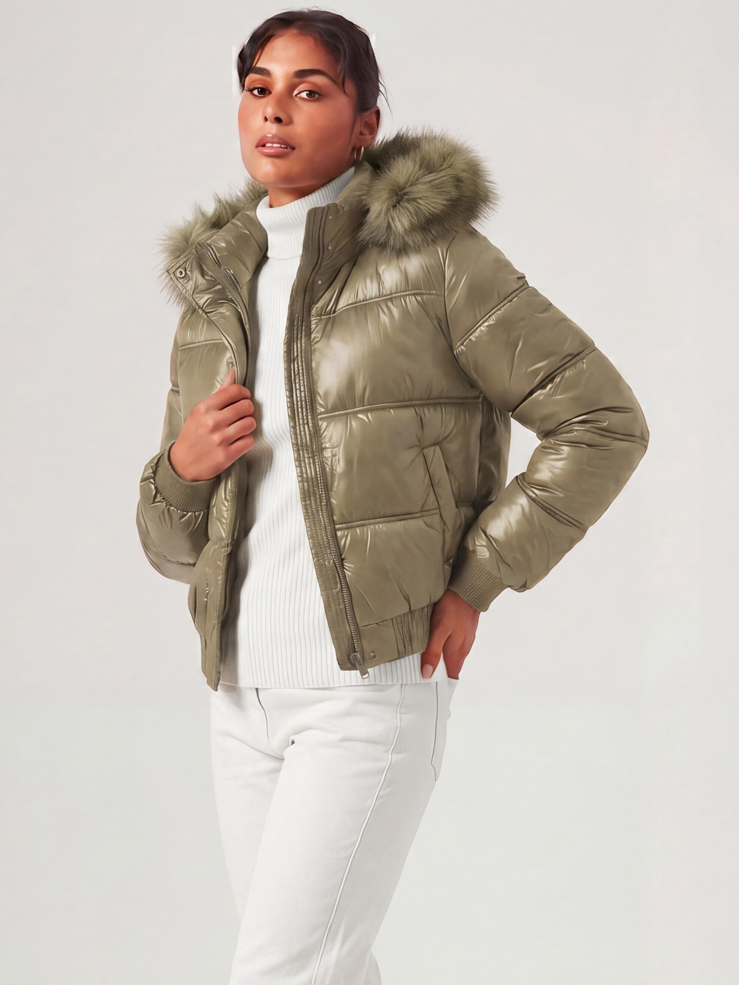 Faux Fur Trim Hooded Puffer Cropped Quilted Down Coats Khaki/M