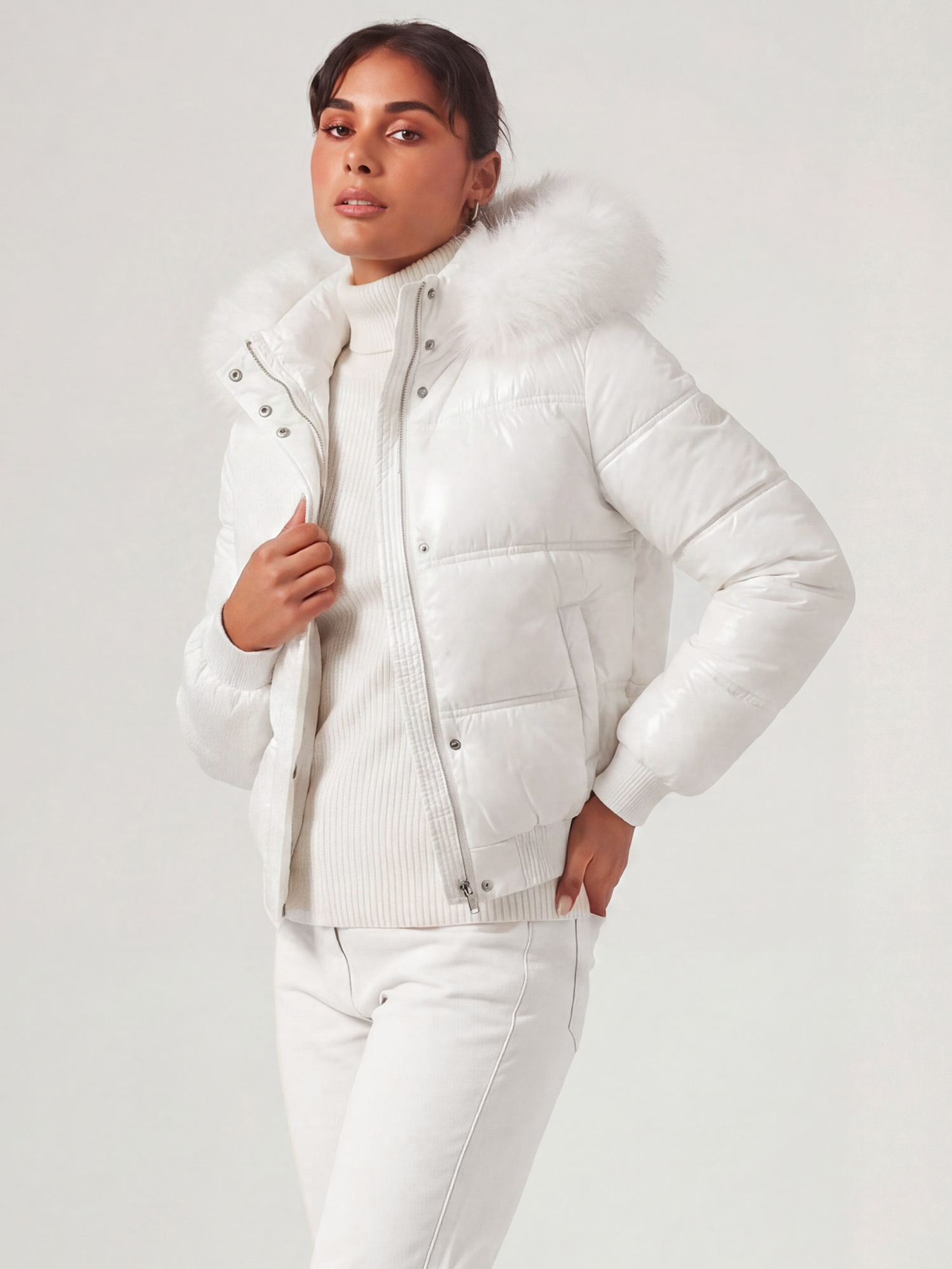 Faux Fur Trim Hooded Puffer Cropped Quilted Down Coats White/XS